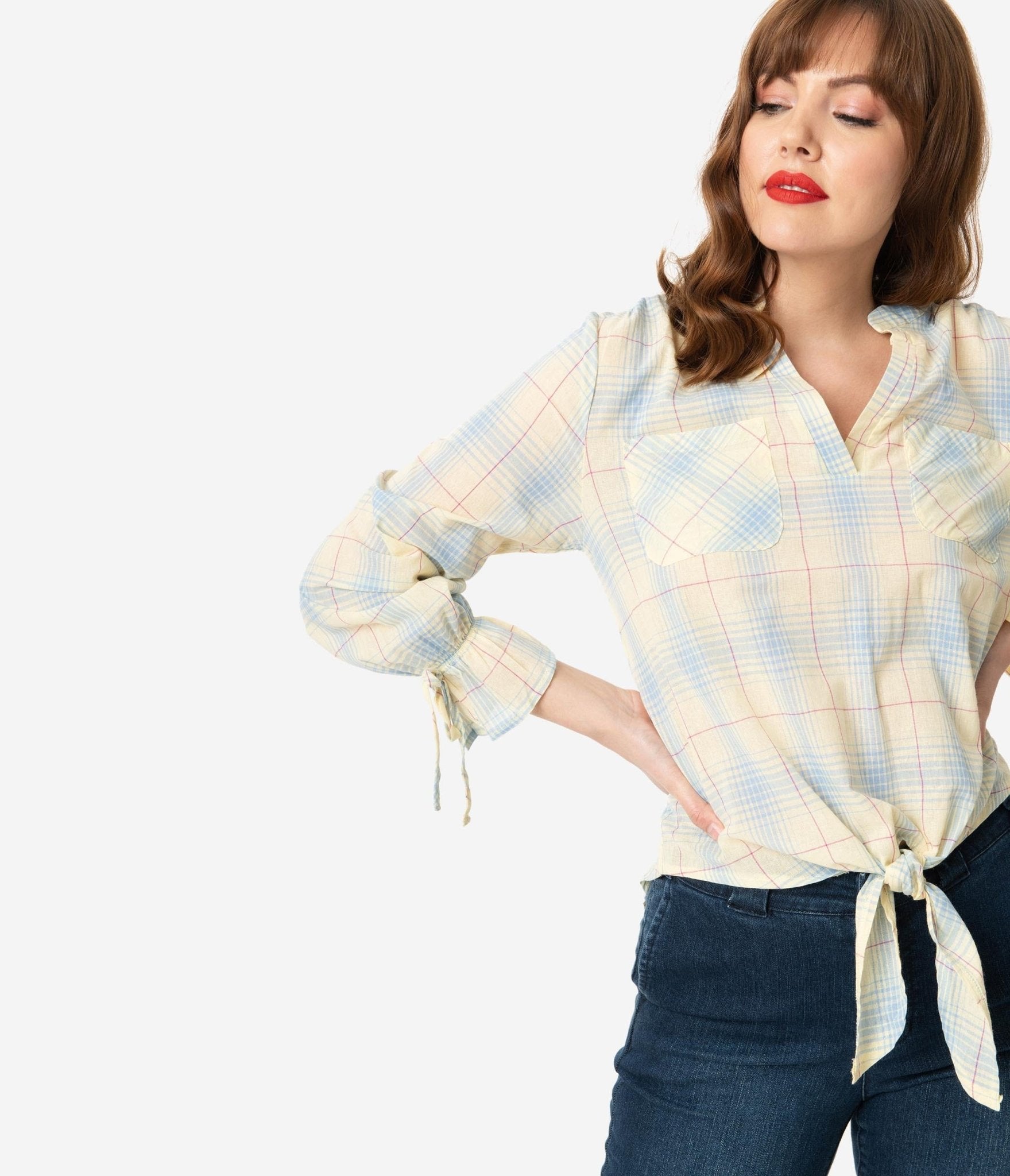 Lemon & Blue Plaid Front Tie Blouse