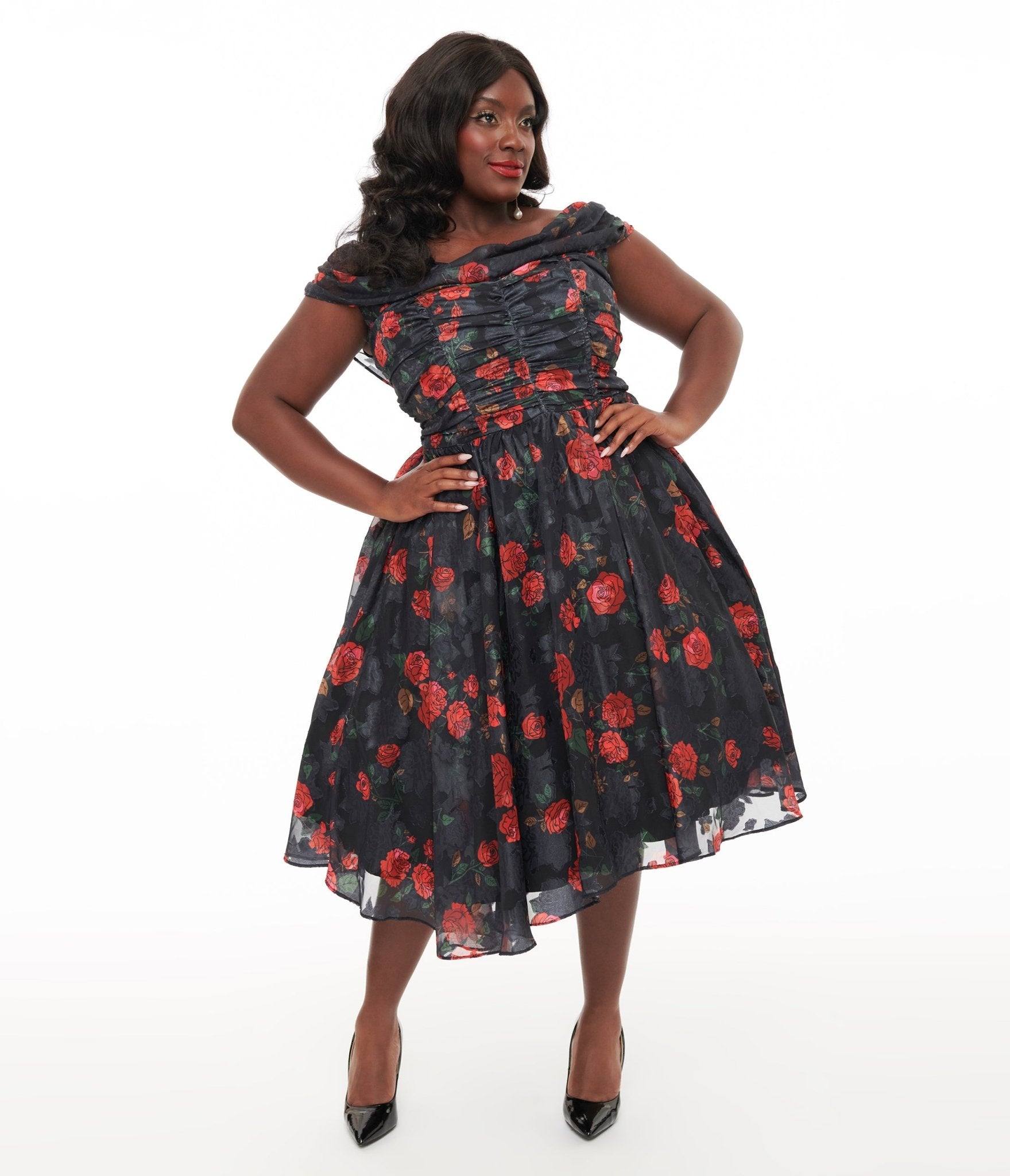 Unique Vintage Plus Size 1950s Black & Red Rose Off The Shoulder Cocktail Dress