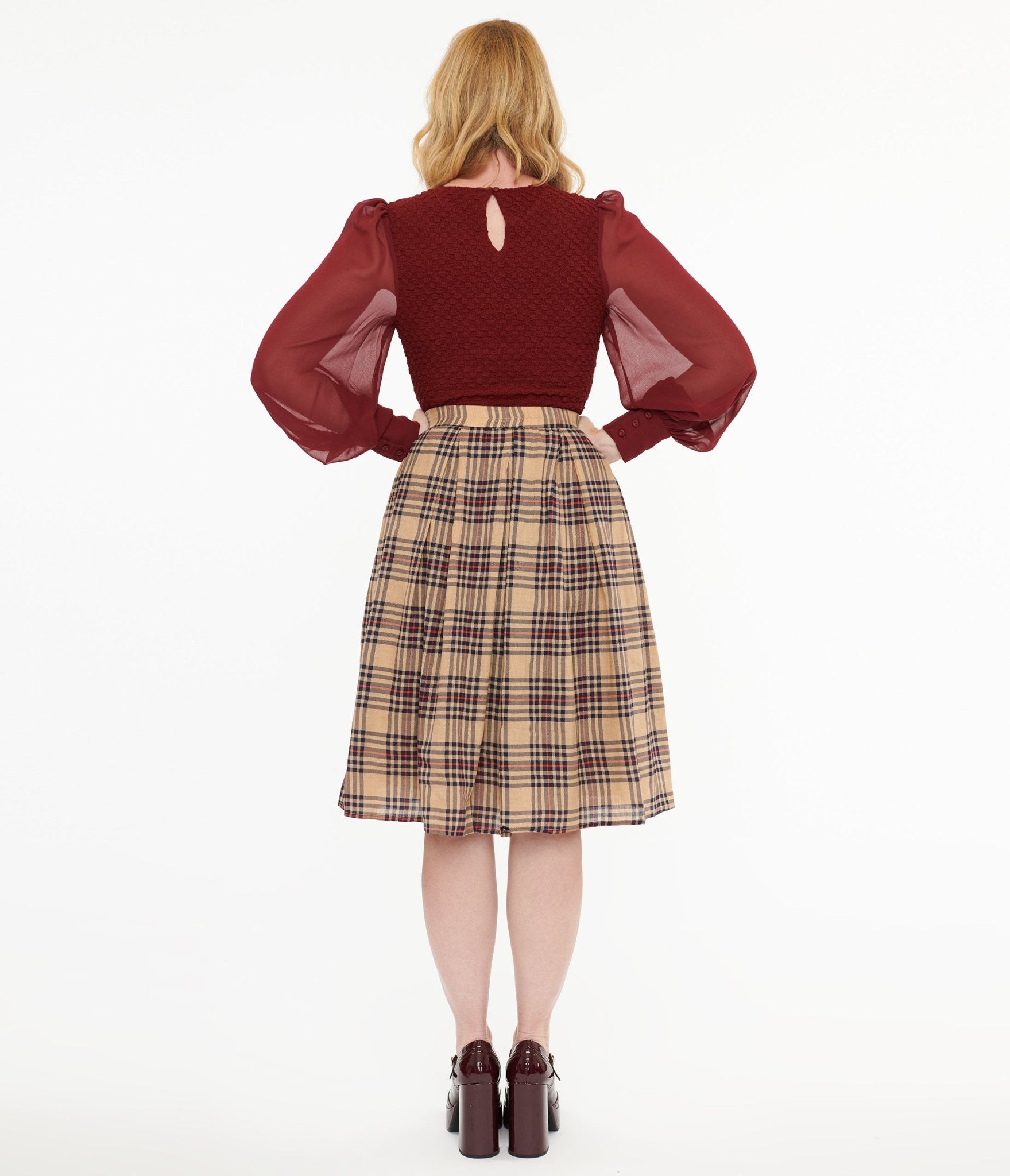 Khaki Plaid Fit & Flare Cotton Skirt