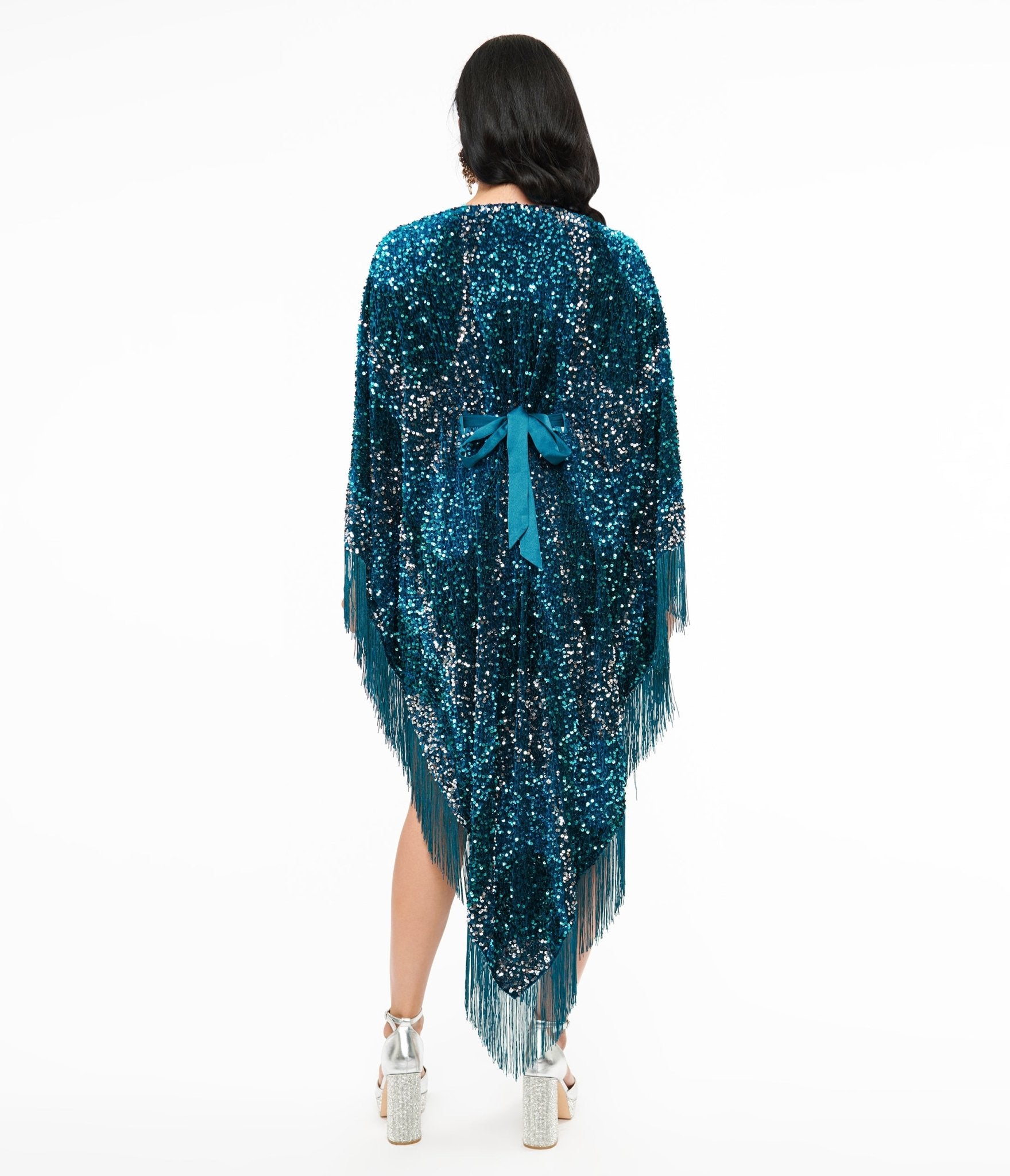 Smak Parlour 1970s Teal Sequin Fringe Caftan Dress