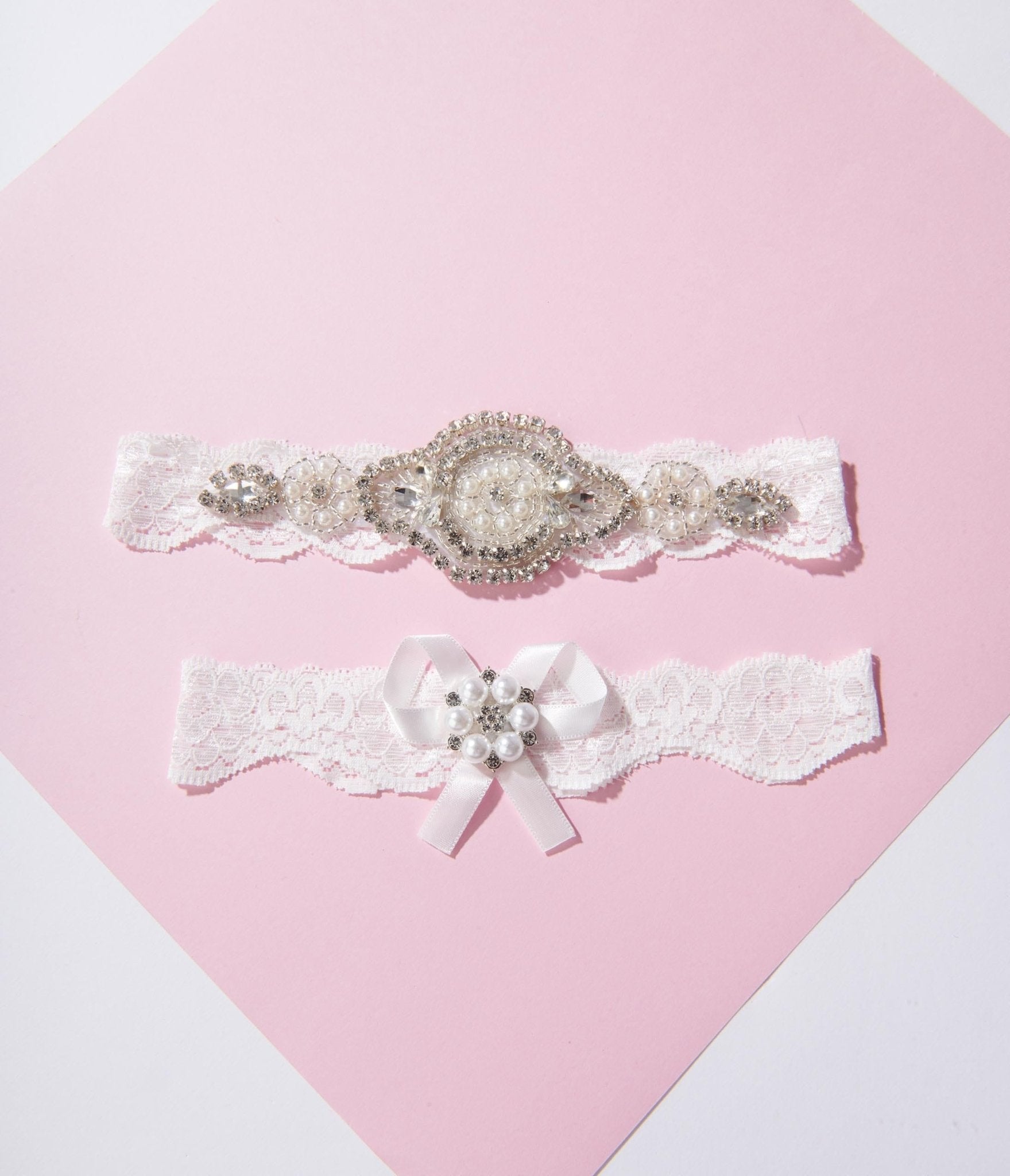 White Lace & Rhinestone Bridal Garter Set