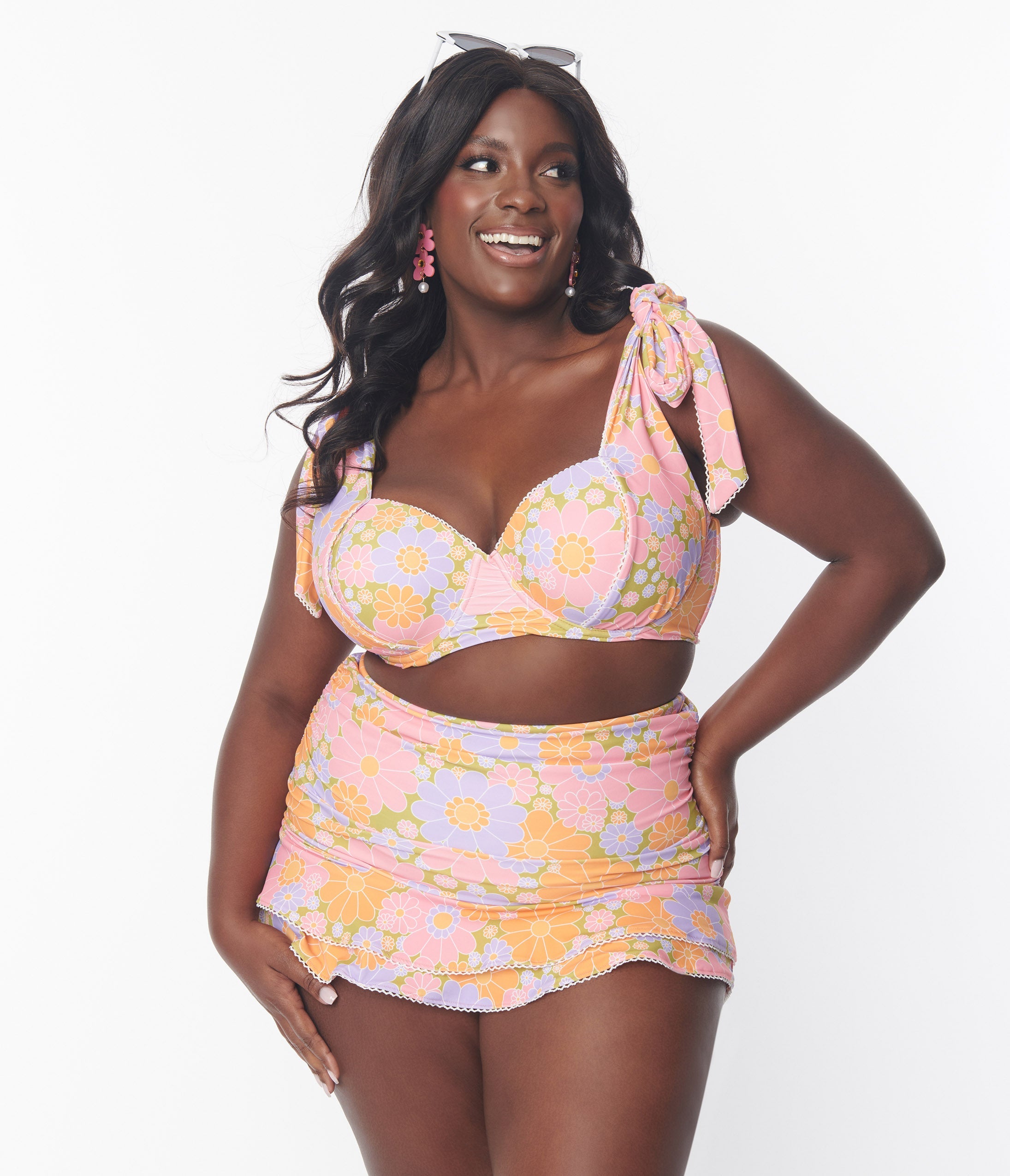 Unique Vintage Plus Size Avocado & Multicolor Daisy Print Totally Tied Up Swim Top