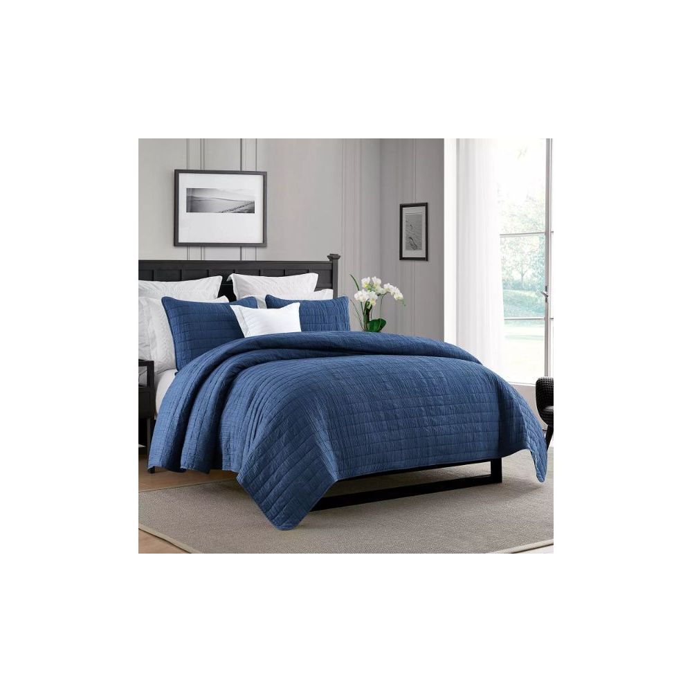 Cathay Home KKQLT3-001-FQNV Swift Home Crinkle Enzyme Wash Quilted Coverlet/Bedspread- Full/Queen Navy