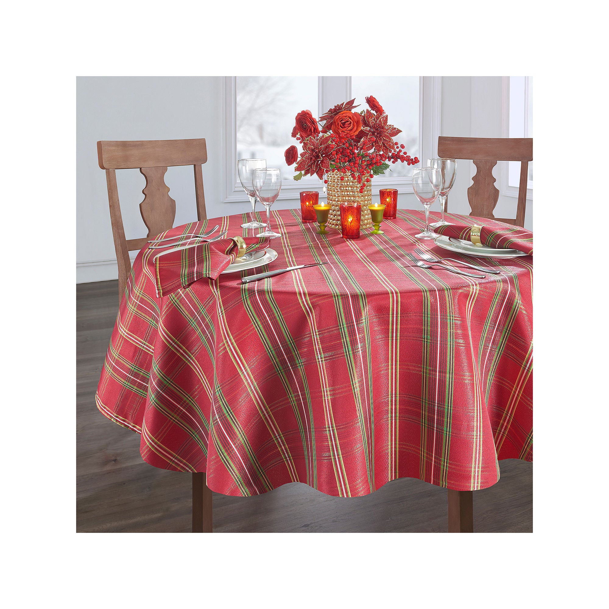 Elrene Home Fashions Shimmering Plaid Tablecloth - RED GREEN ONE SIZE