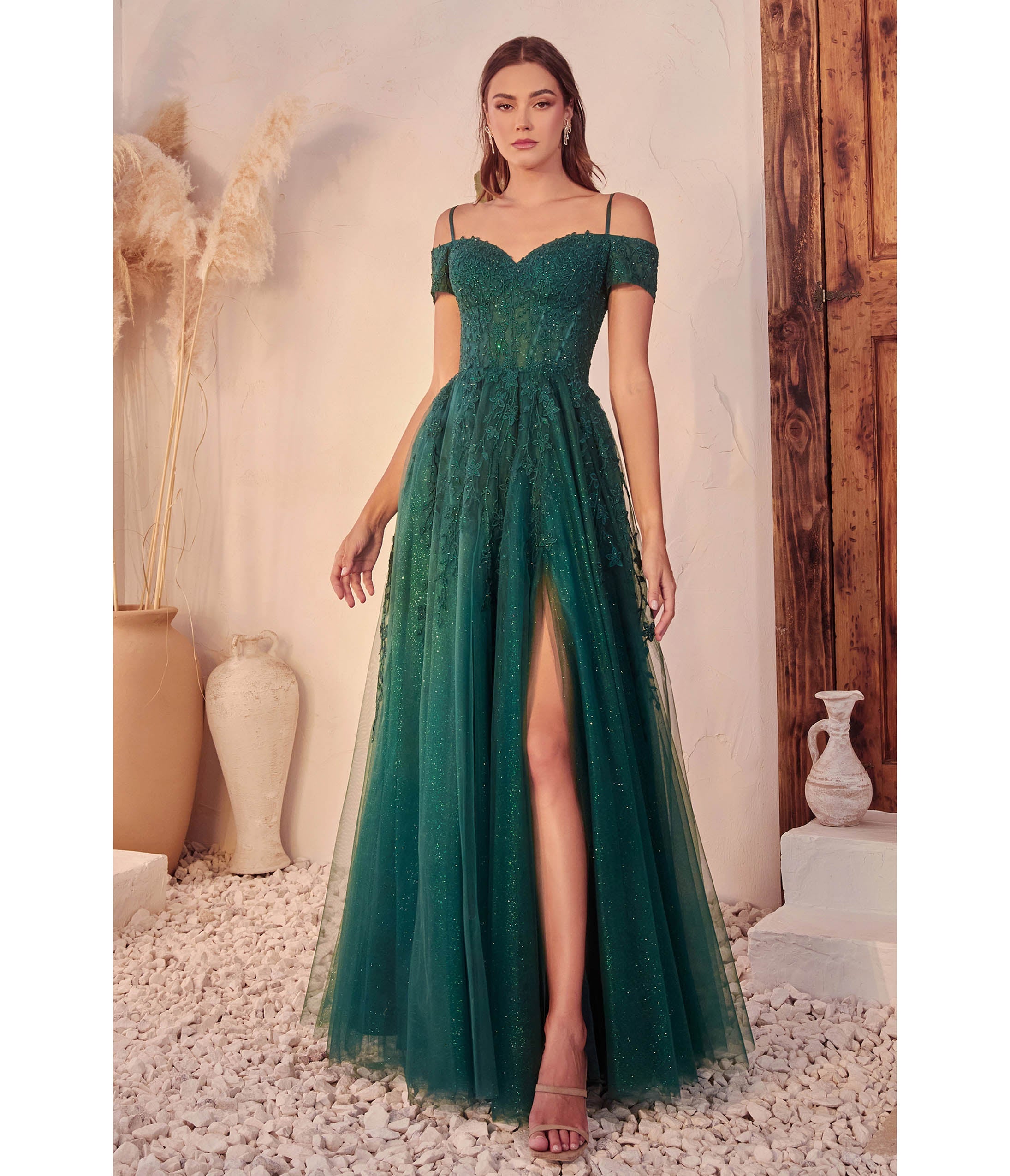 Ladivine by Cinderella Divine Emerald Glitter Tulle Off The Shoulder Applique Slit Gown