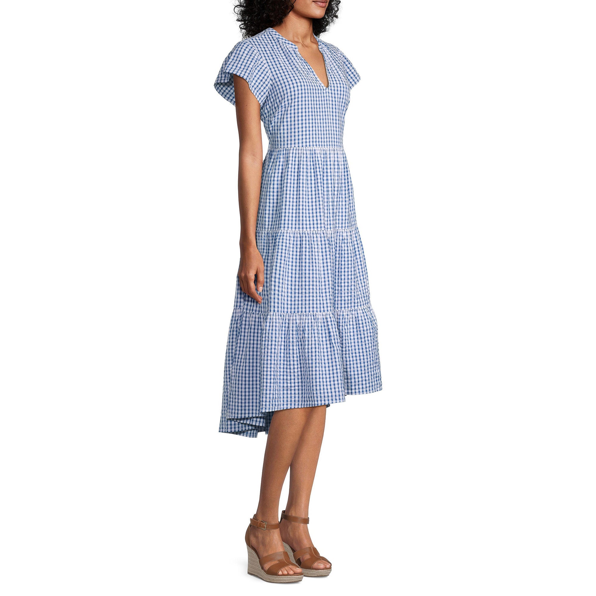 St. John`S Bay St. John's Bay Short Sleeve Midi Fit + Flare Dress - BLUE CHECK X-LARGE PETITE