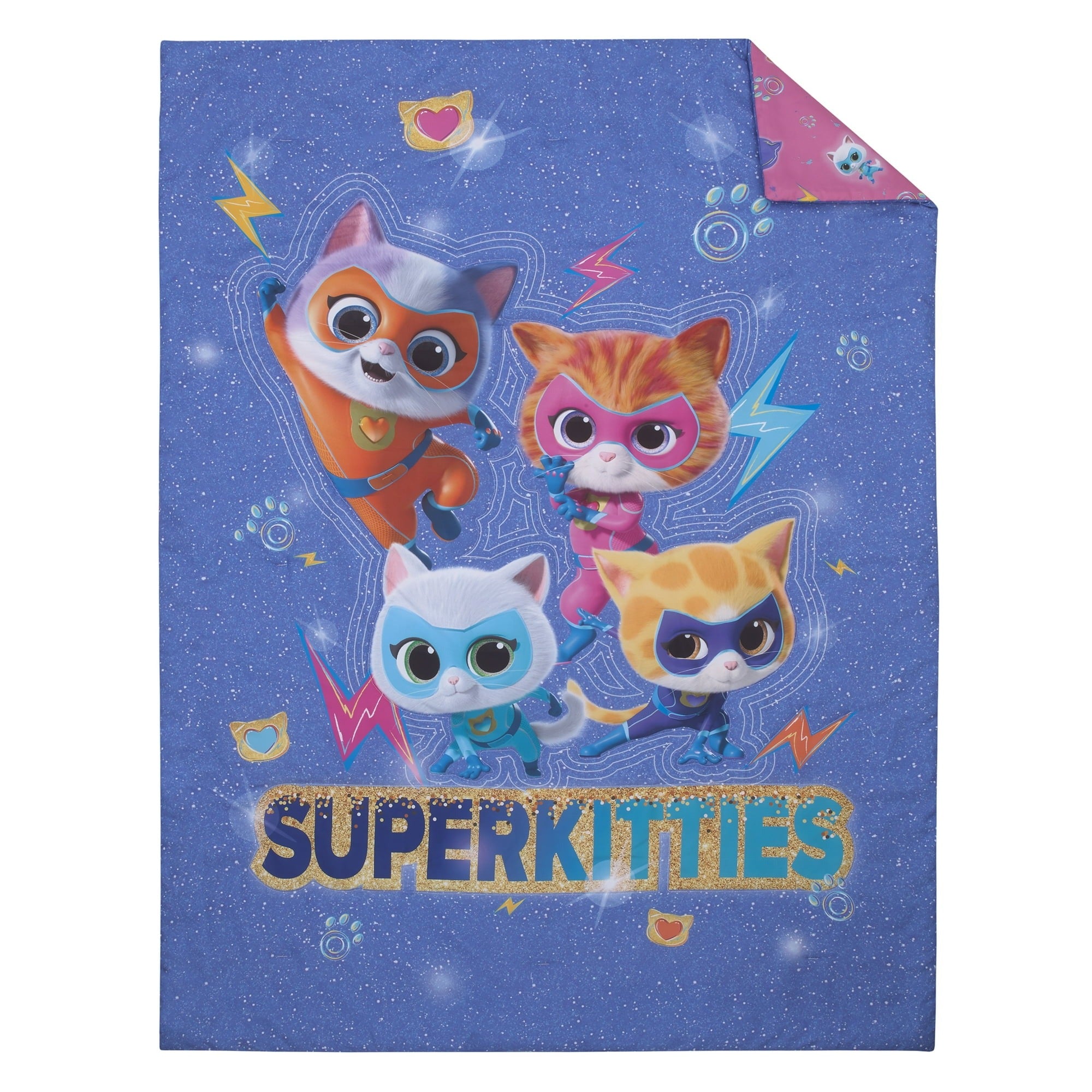 Disney 6907505R Super Kitties 5-Pc Toddler Bed Set-Comforter, Top and Bottom Sheet, Pillowcase, Blanket