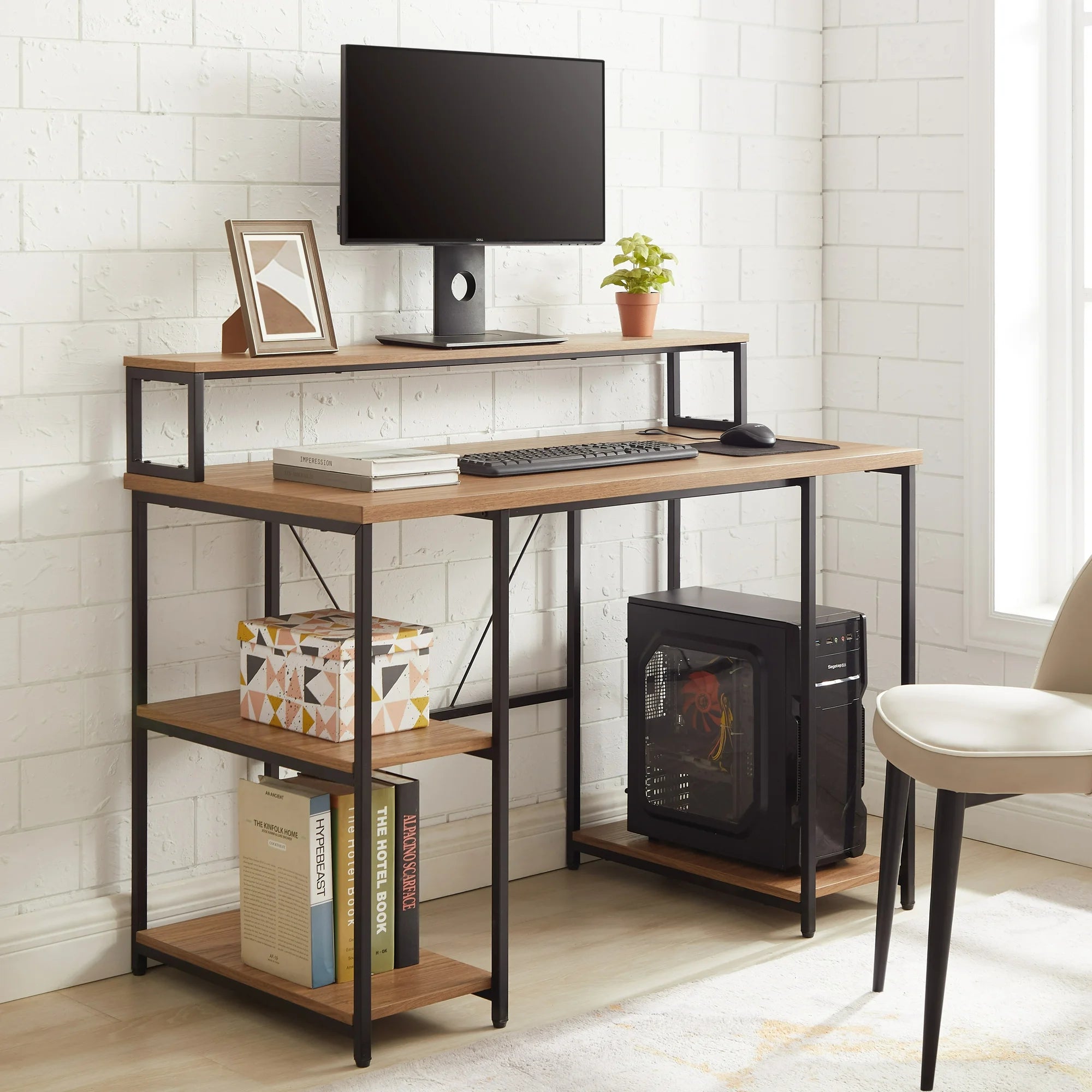 Mainstays MSS436249972002 47 Computer Desk with Storage Shelves, Walnut Finish