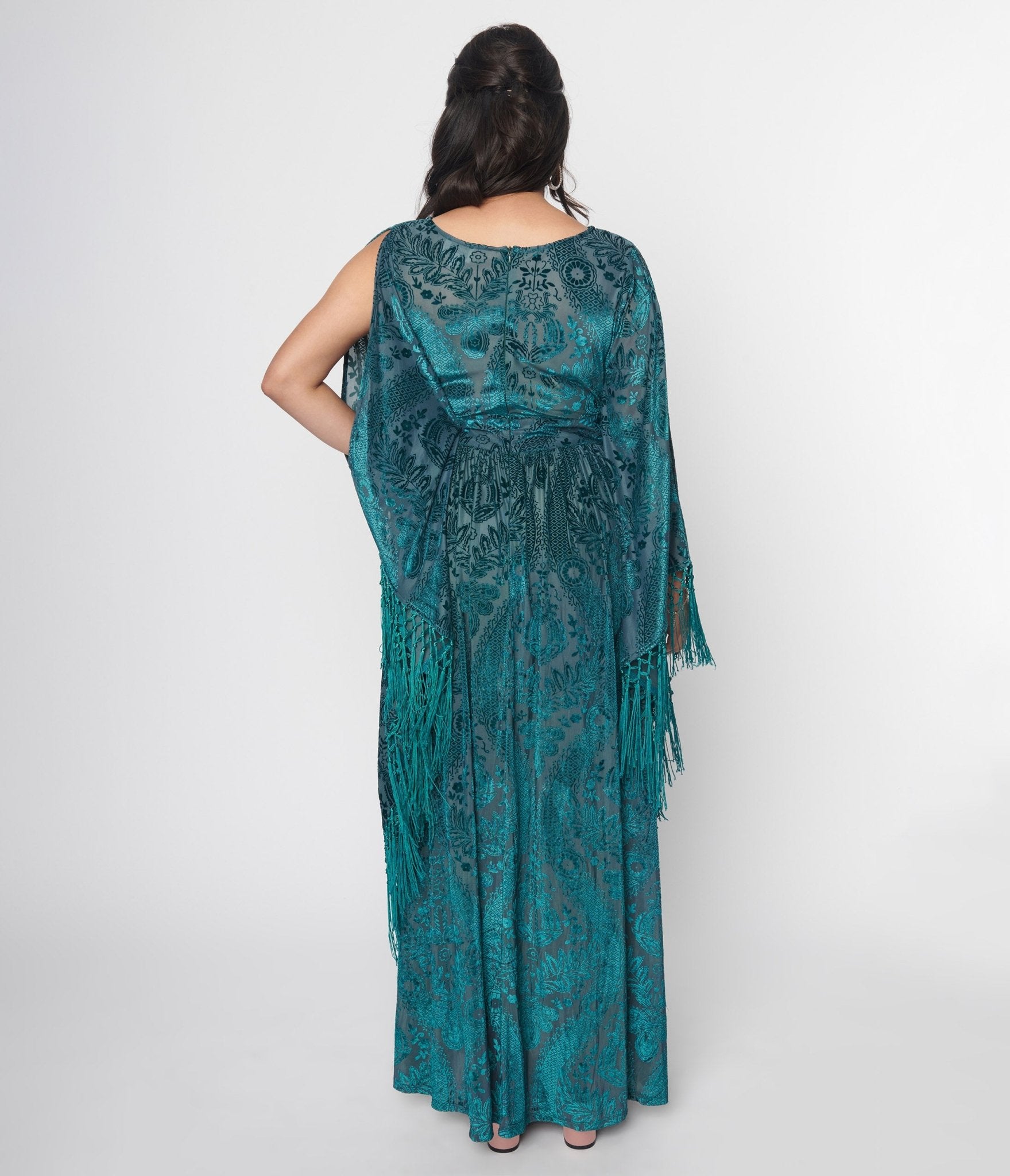 Unique Vintage Emerald Floral Fringe Flutter Sleeve Caftan