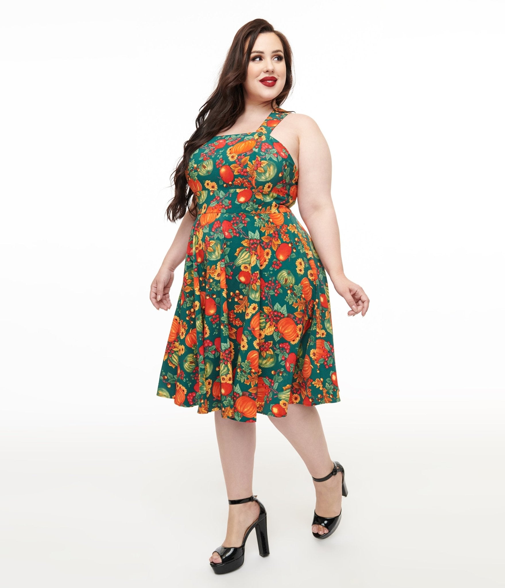 Hell Bunny Plus Size 1950s Green & Orange Leaf Pinafore Swing Dress