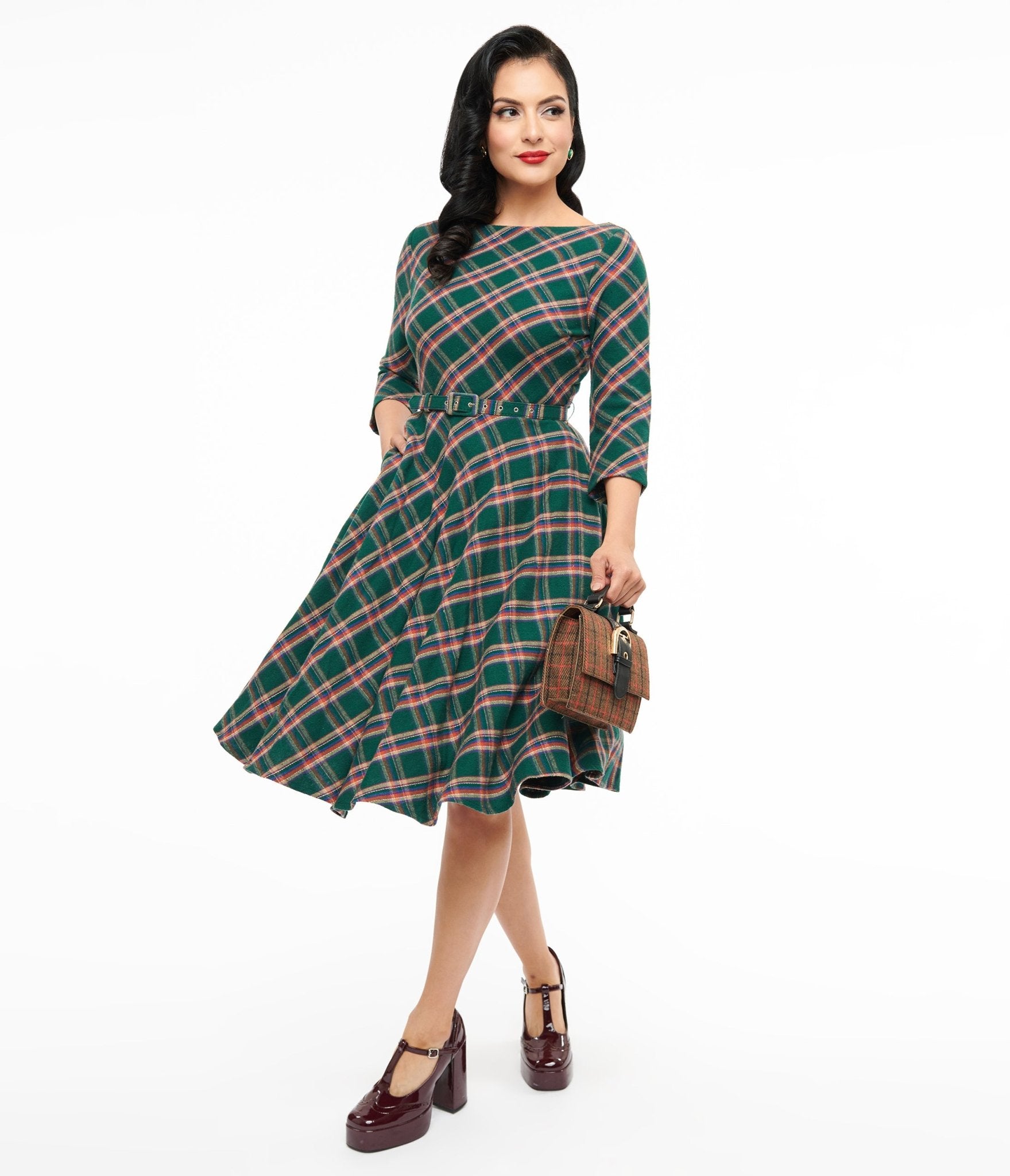 Unique Vintage 1950s Green & Tan Plaid Devon Swing Dress