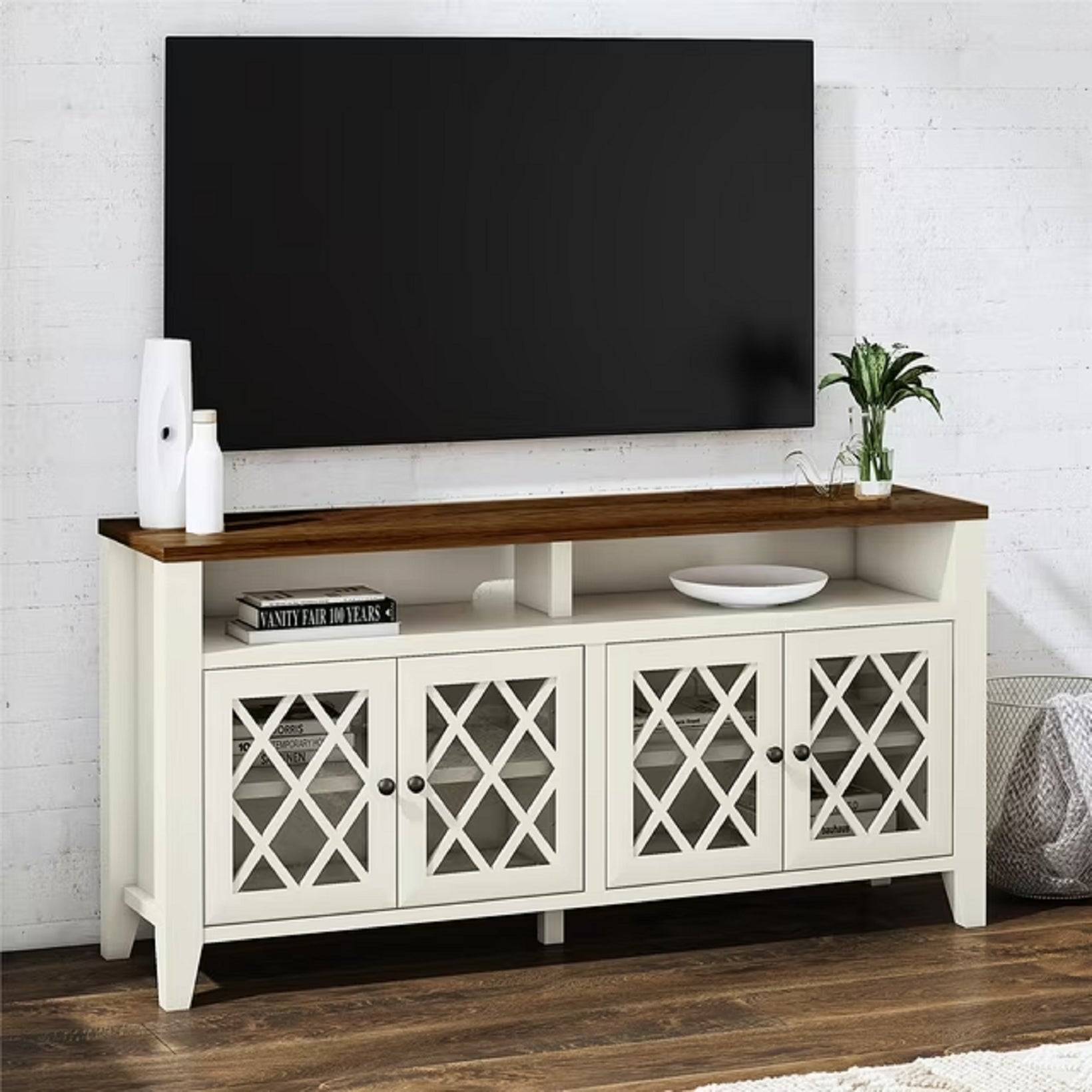 Better Homes & Gardens 4464958WCOM Trellis TV Stand for TVs up to 65, Ivory/Walnut