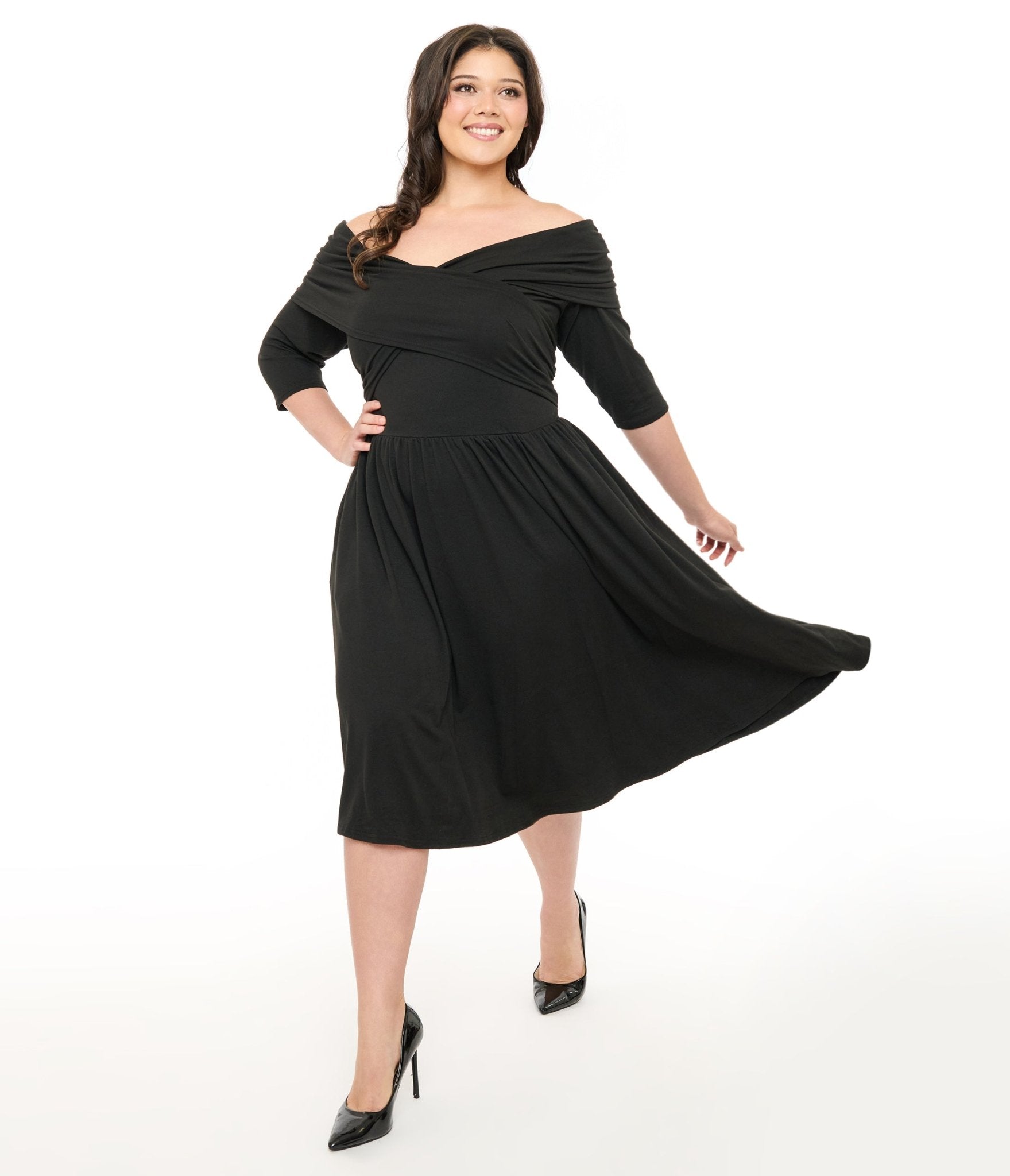 Unique Vintage Plus Size Black Shirred Off Shoulder Swing Dress