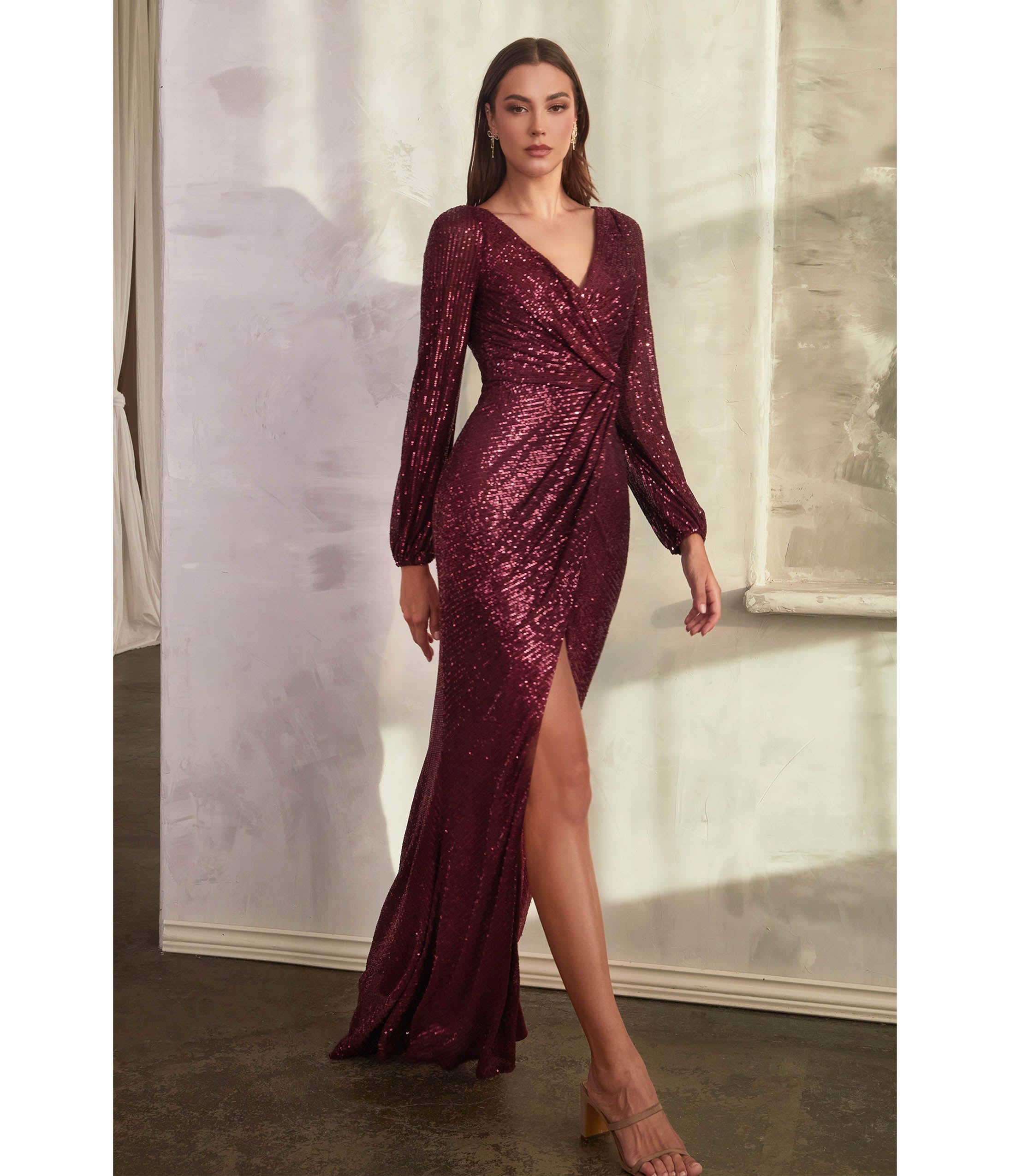 Ladivine by Cinderella Divine Burgundy Sequin Long Sleeve Slit Evening Gown