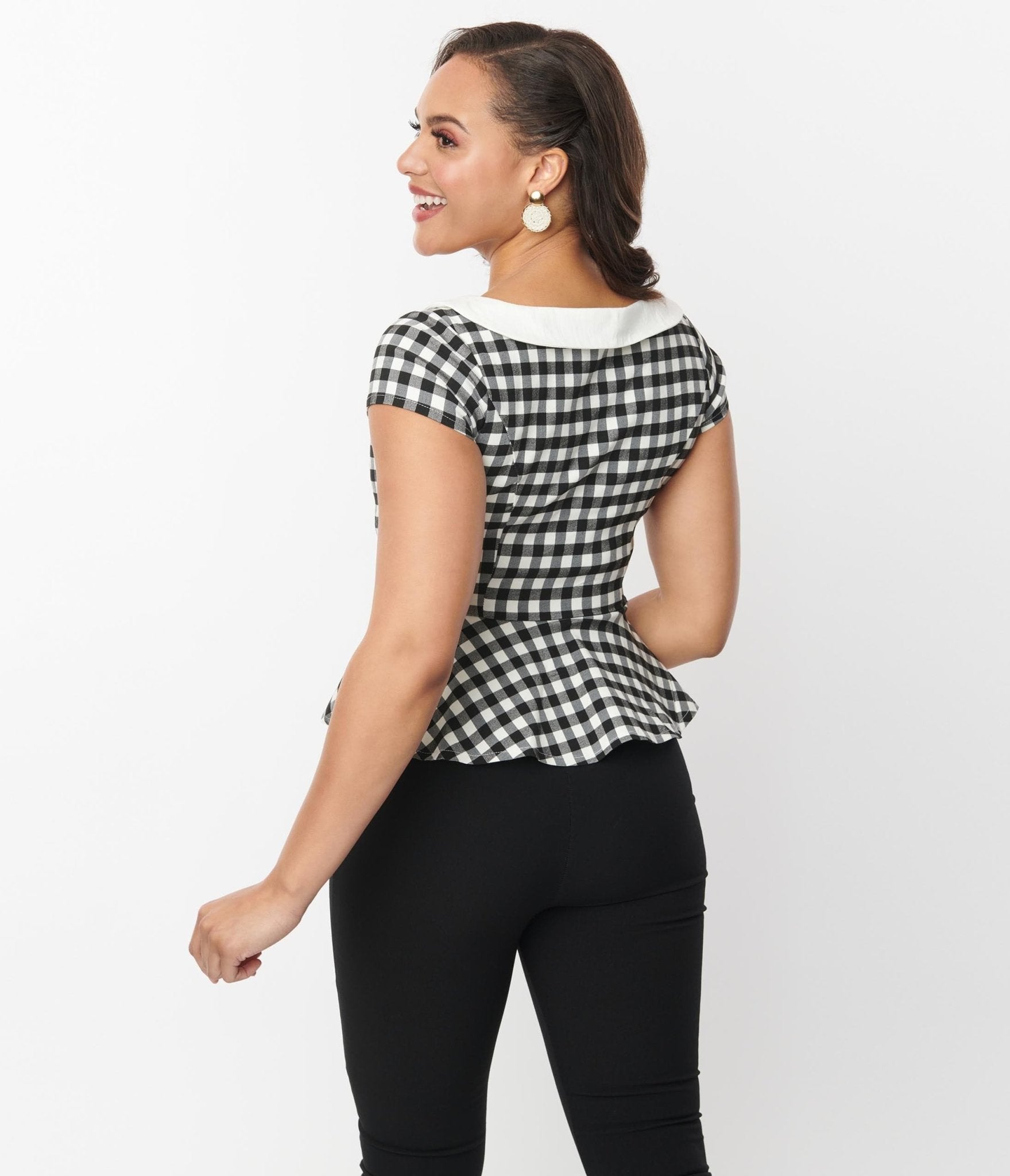 Unique Vintage Black & White Gingham Collar Peplum Top