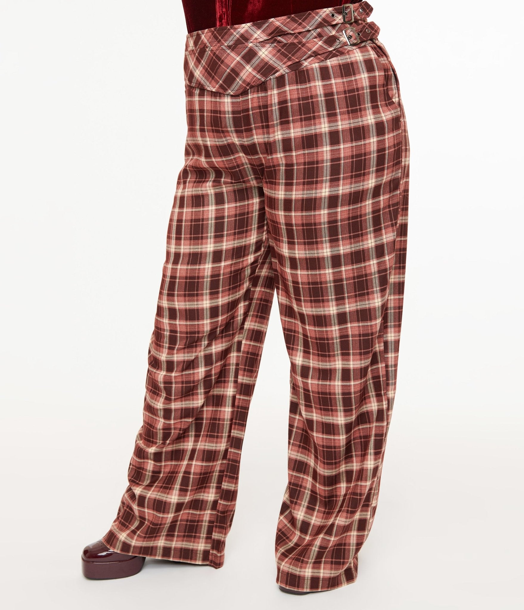 Unique Vintage Plus Size Burgundy Plaid Double Belt Woven Pants