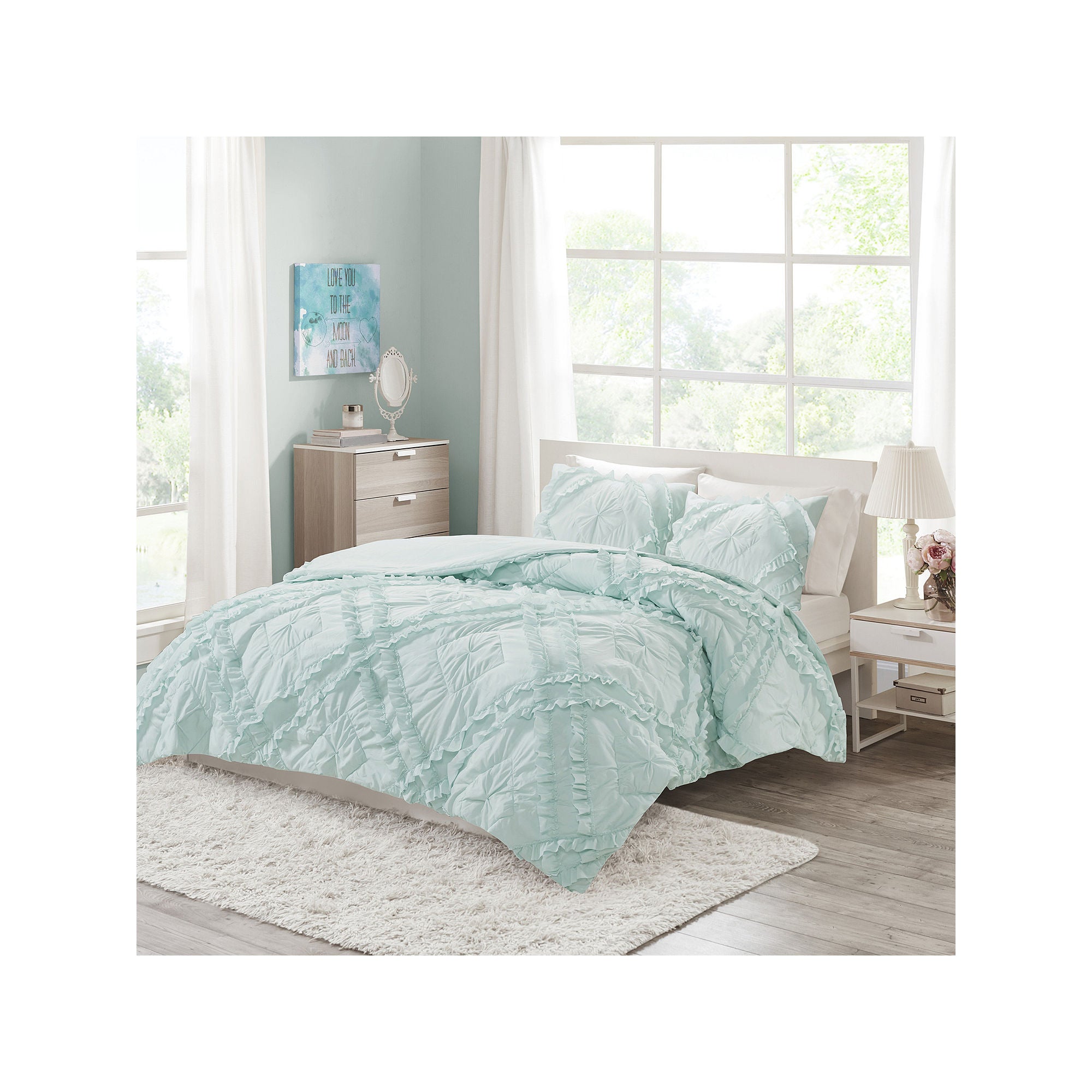 Intelligent Design Karlie Solid Quilt Set With Tufted Diamond Ruffles - Aqua