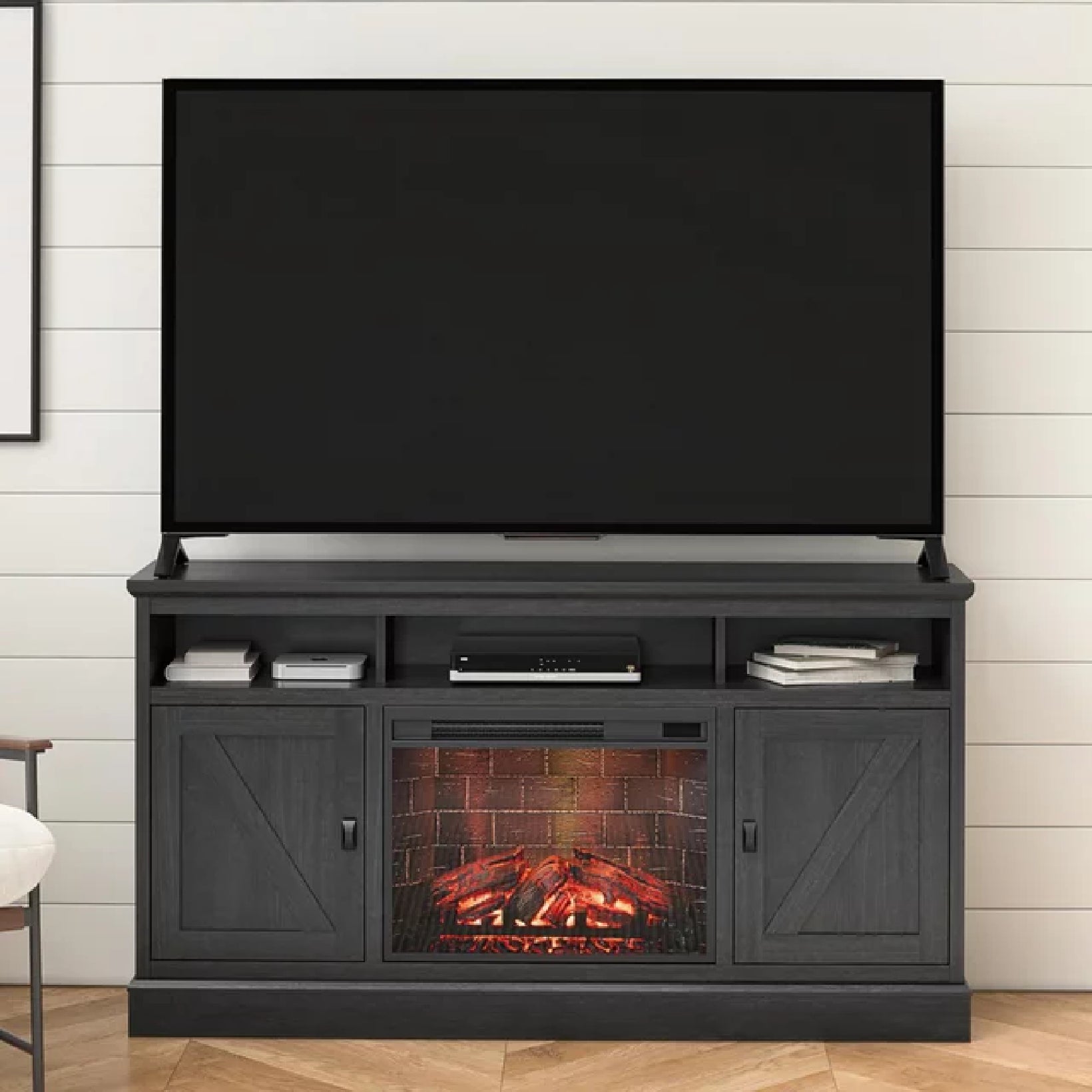 Ameriwood Home 1674911W Ashton Lane Electric Fireplace TV Stand for TVs up to 65, Black Oak