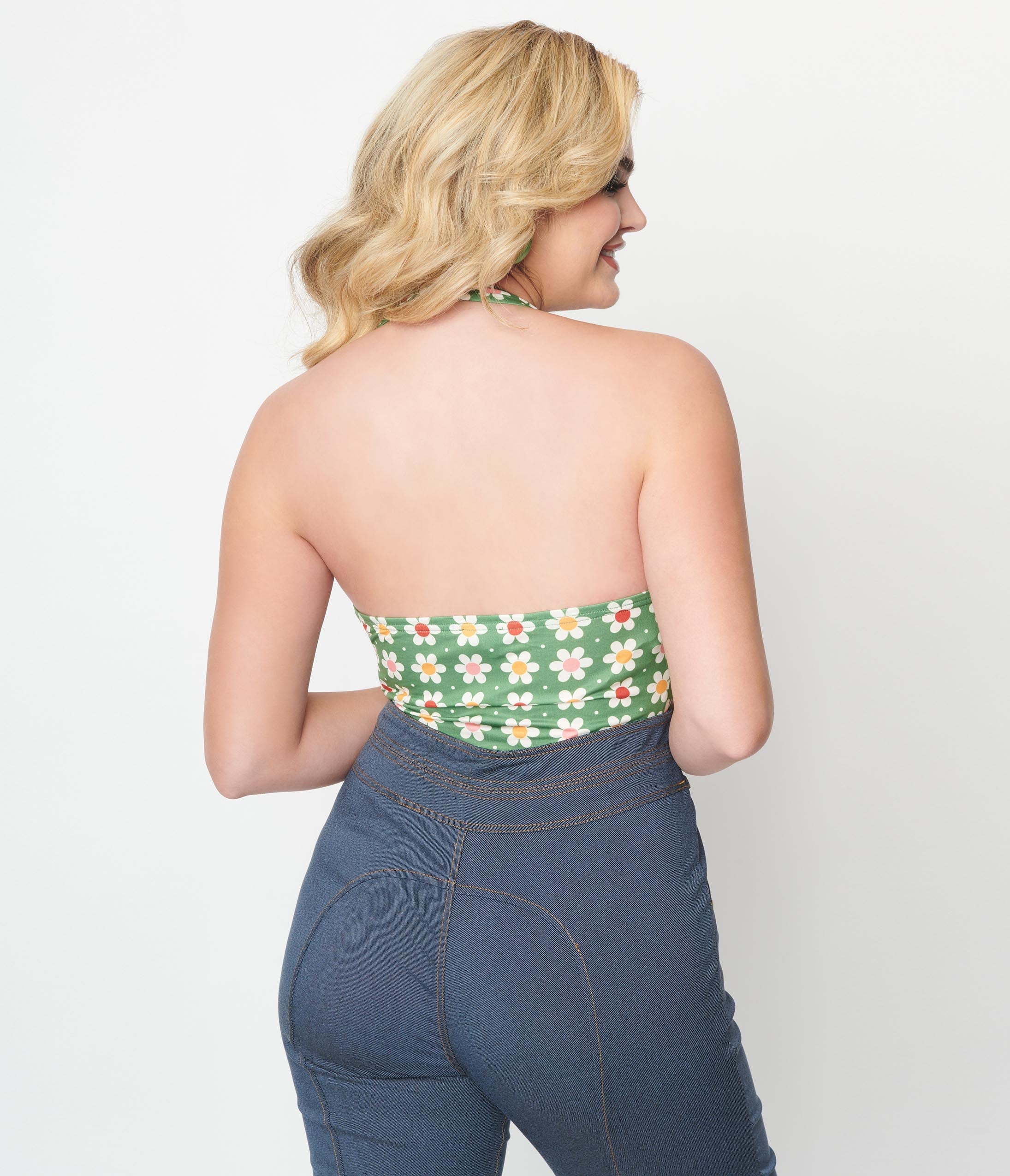 Unique Vintage Olive Green Daisy Halter Bodysuit