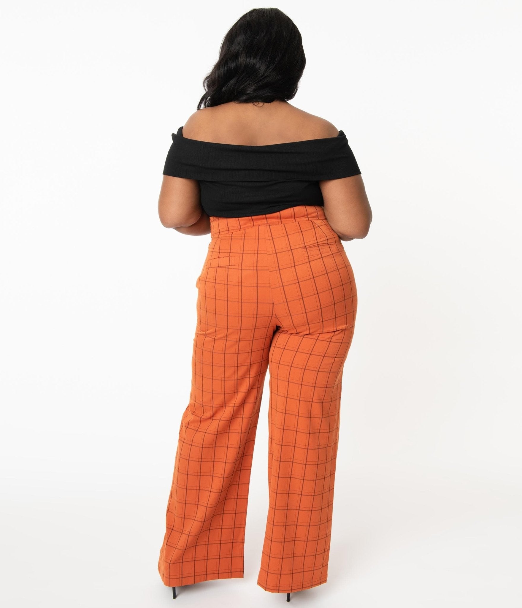 Unique Vintage Plus Size 1940s Orange Windowpane High Waist Ginger Pants