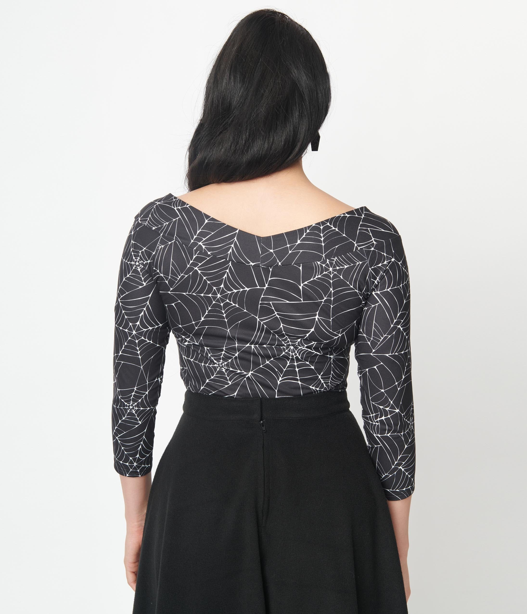 Unique Vintage Black & White Spiderweb Scarlett Top