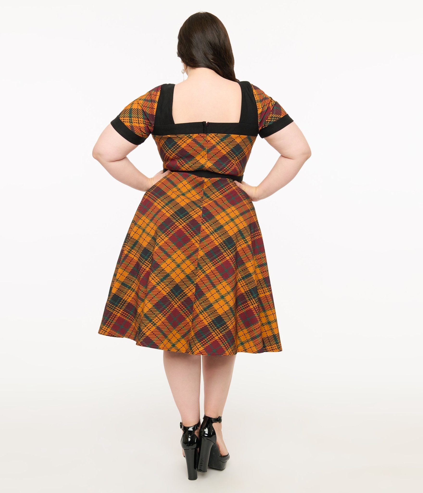 Unique Vintage Plus Size 1950s Mustard Yellow & Burgundy Plaid Swing Dress