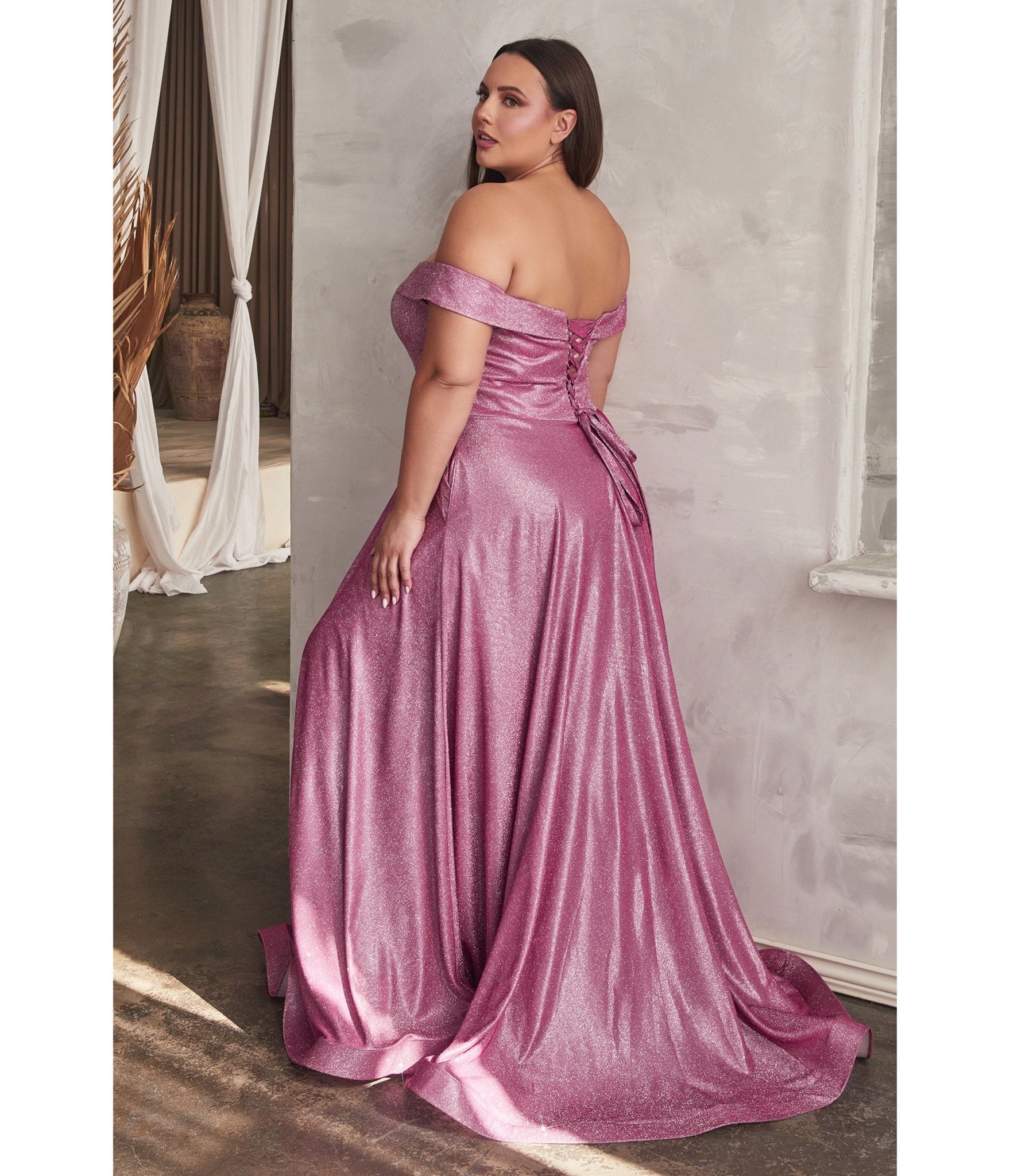 Ladivine by Cinderella Divine Plus Size Metallic Rose Off The Shoulder Bridesmaid Gown