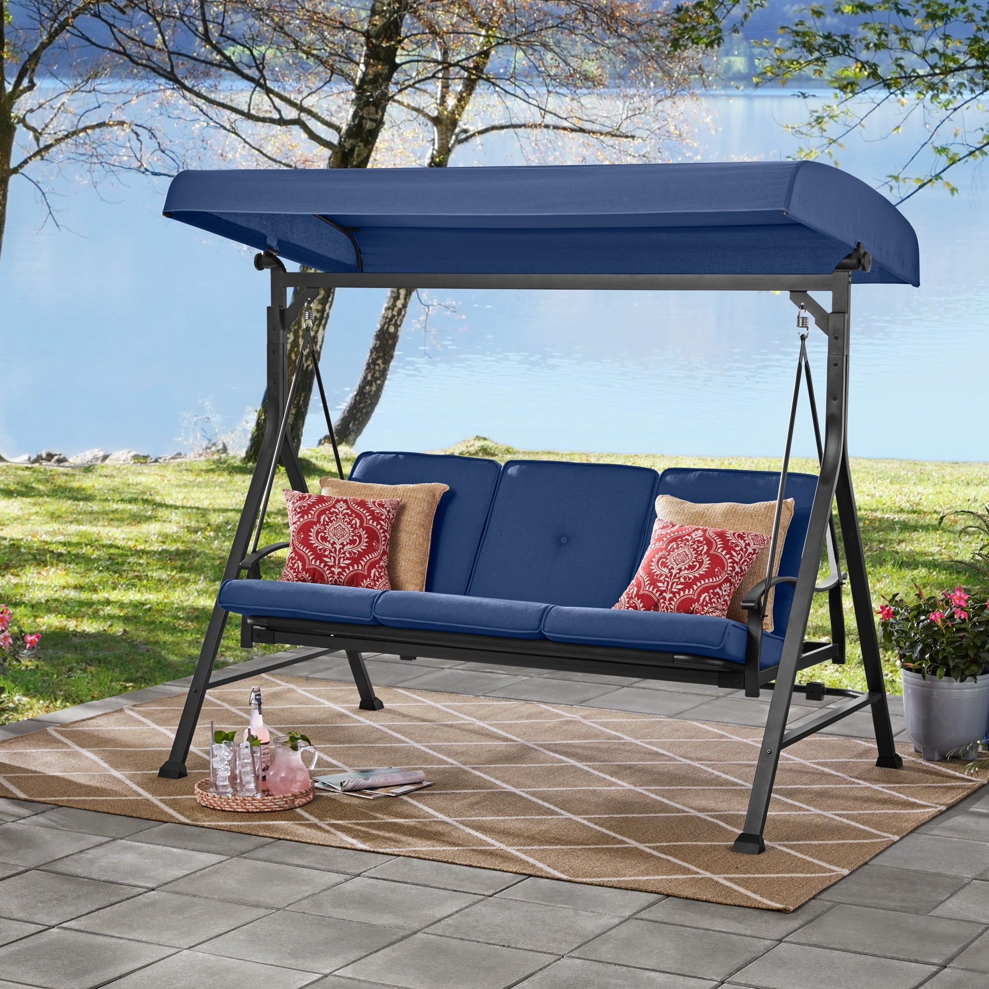 Mainstays MSD236247917045 Belden Park 3 Person Seated Daybed Outdoor Porch Swing with Canopy, Blue