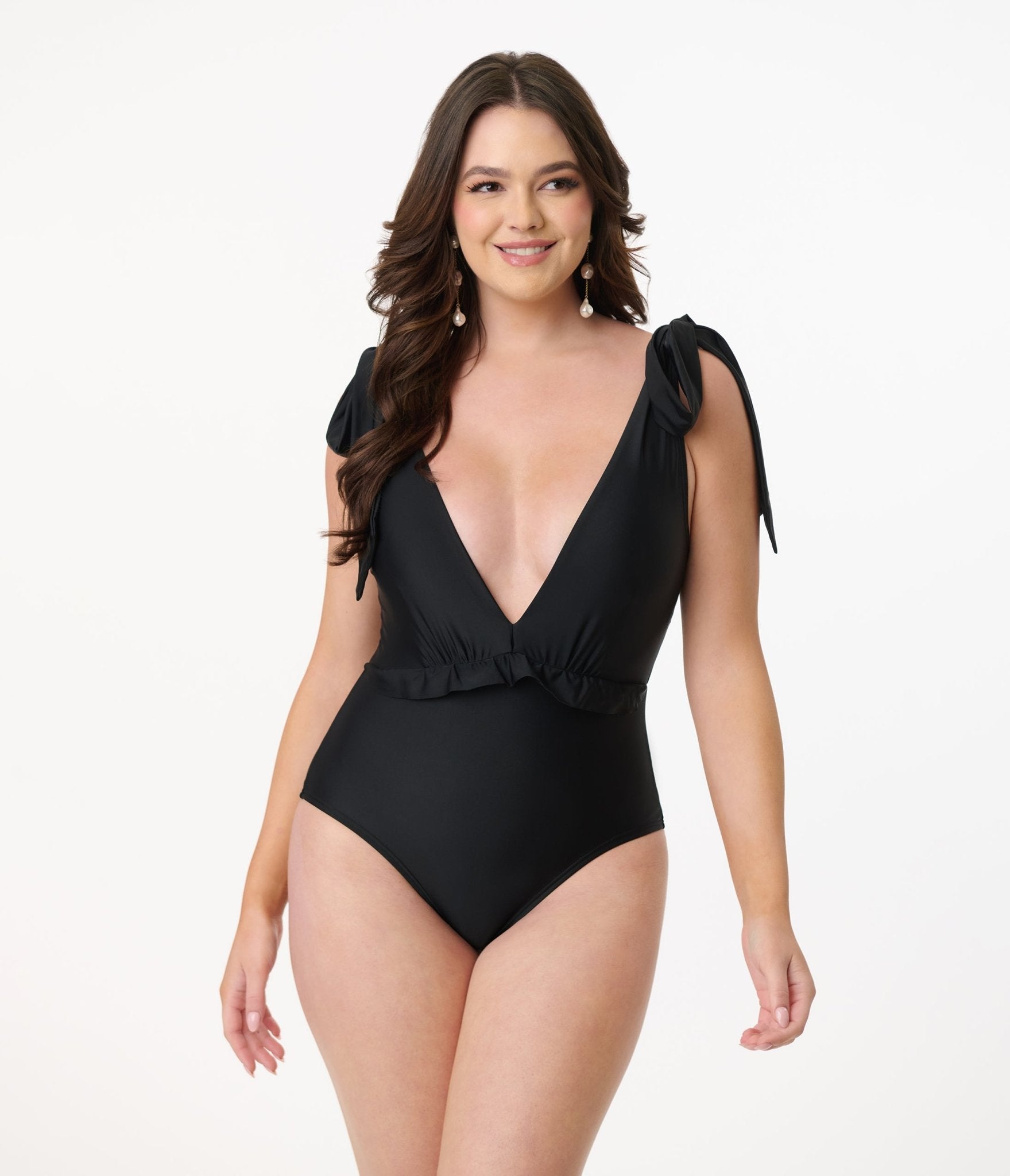 Unique Vintage Black Plunge One Piece Swimsuit