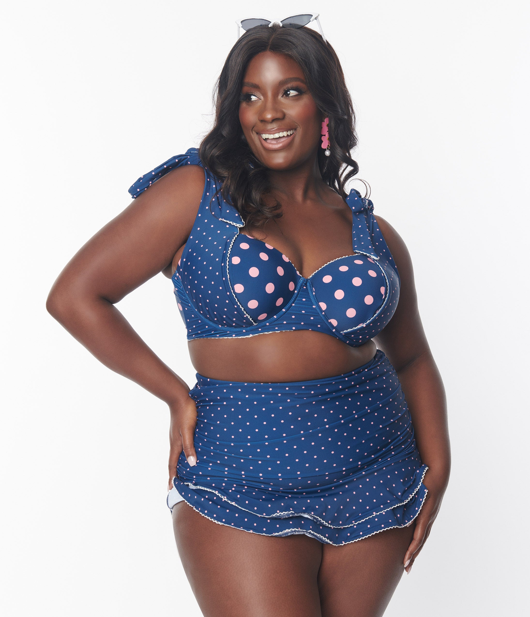 Unique Vintage Plus Size Navy & Pink Pin Dot Totally Tied Up Swim Top