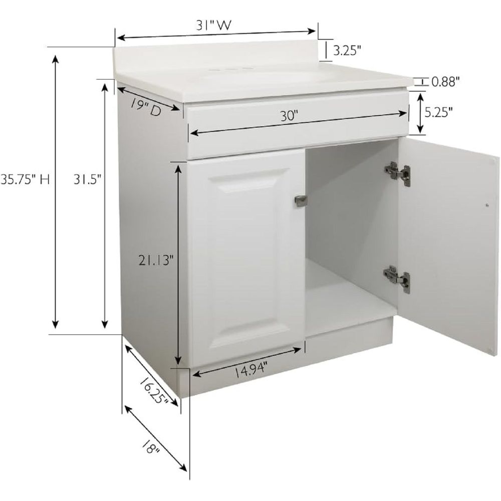 Design House 591222 Wyndham 2-Door Bathroom Cultured Marble 4 Centerset Vanity Top Unassembled, 31x19, White