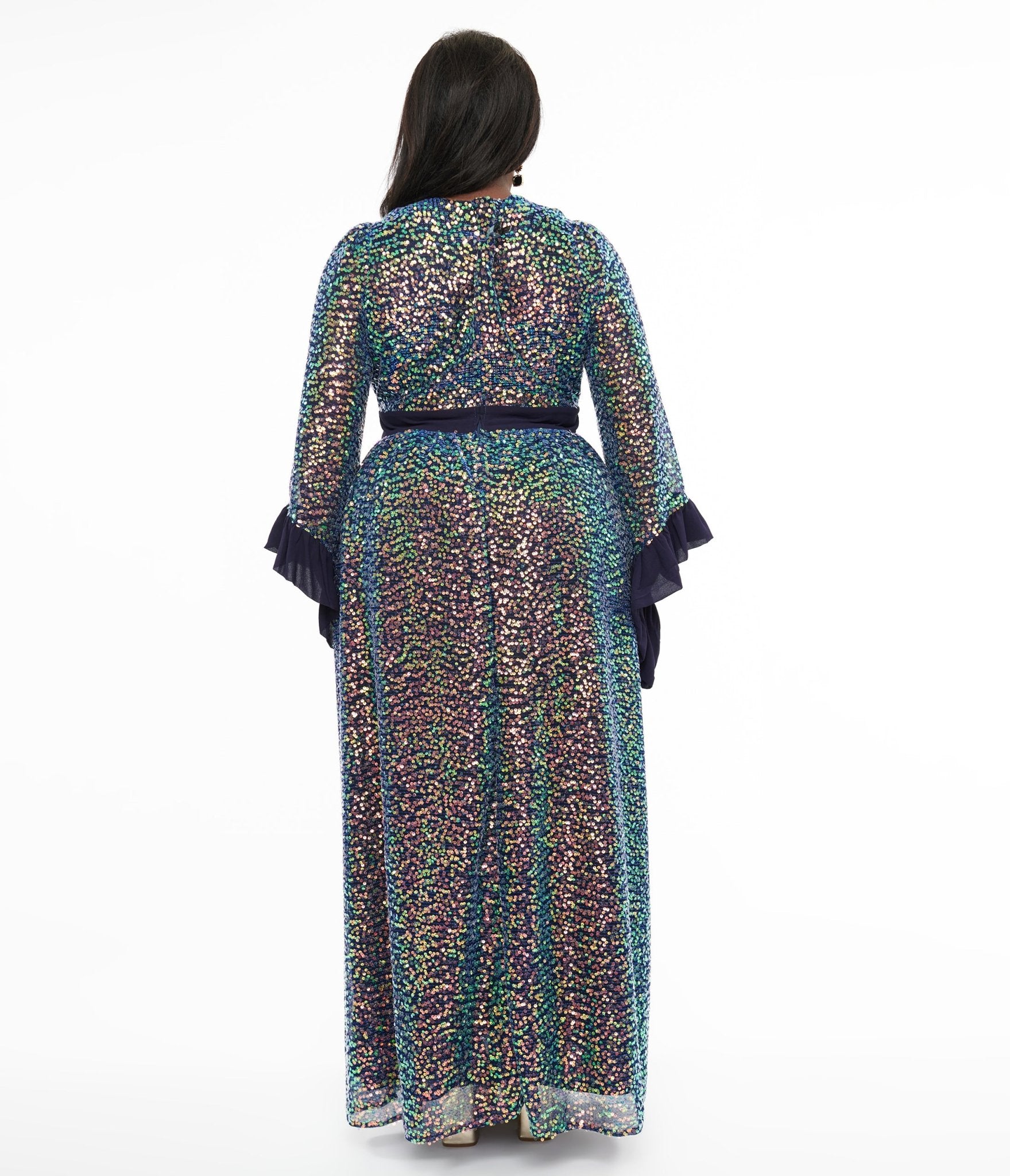 Unique Vintage Plus Size 1970s Navy Glitter Sequin Maxi Dress