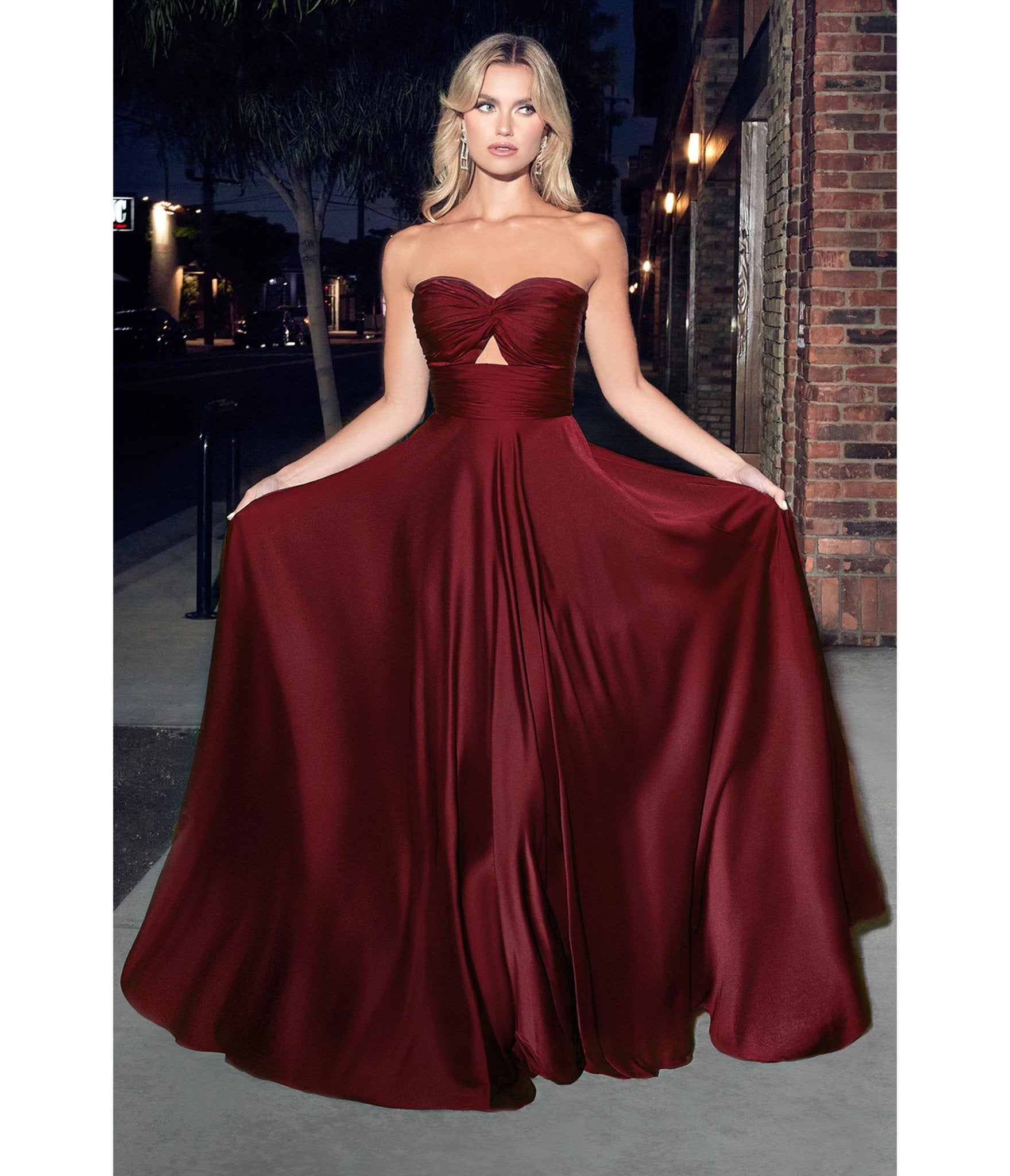 Ladivine by Cinderella Divine Burgundy Satin Strapless Keyhole Evening Gown