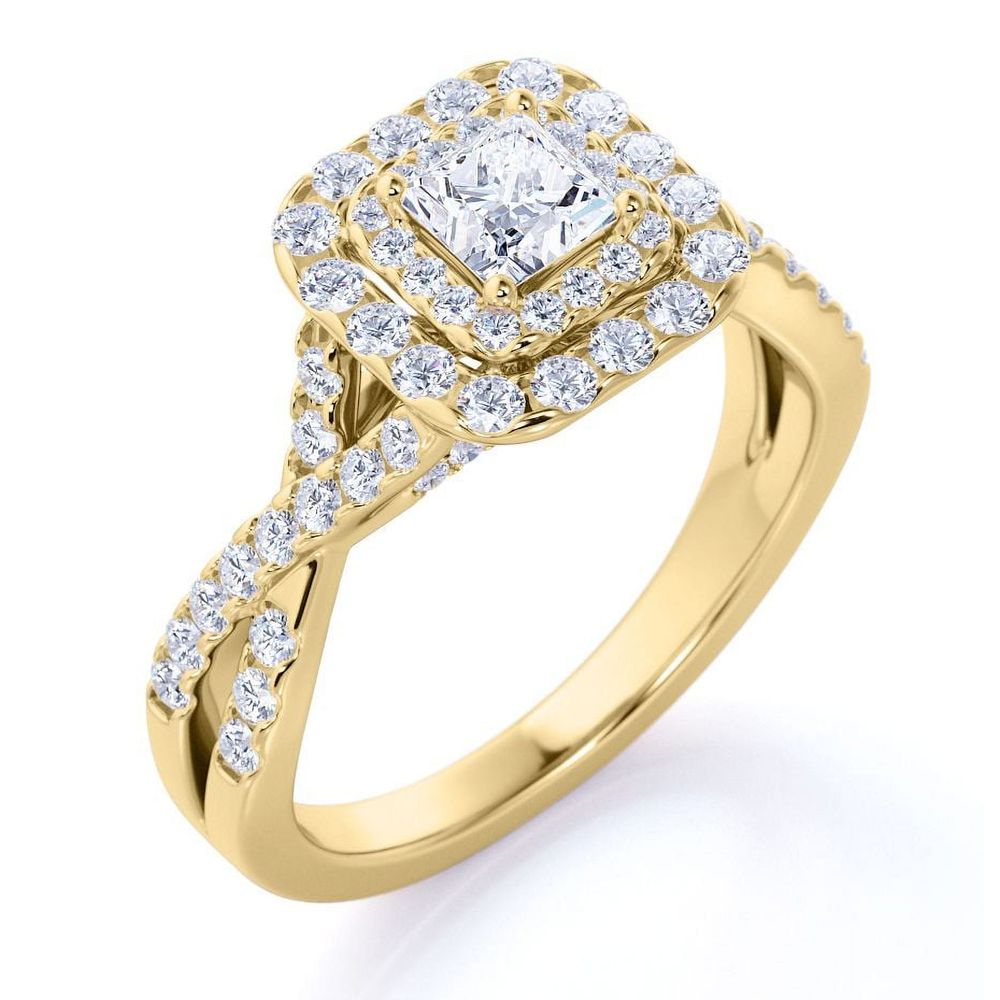 JeenMata Elegant 1 Carat - Twisted Band, Pave - Double Halo Engagement Ring, 10K Yellow Gold, Size:8 - Semi-Eternity