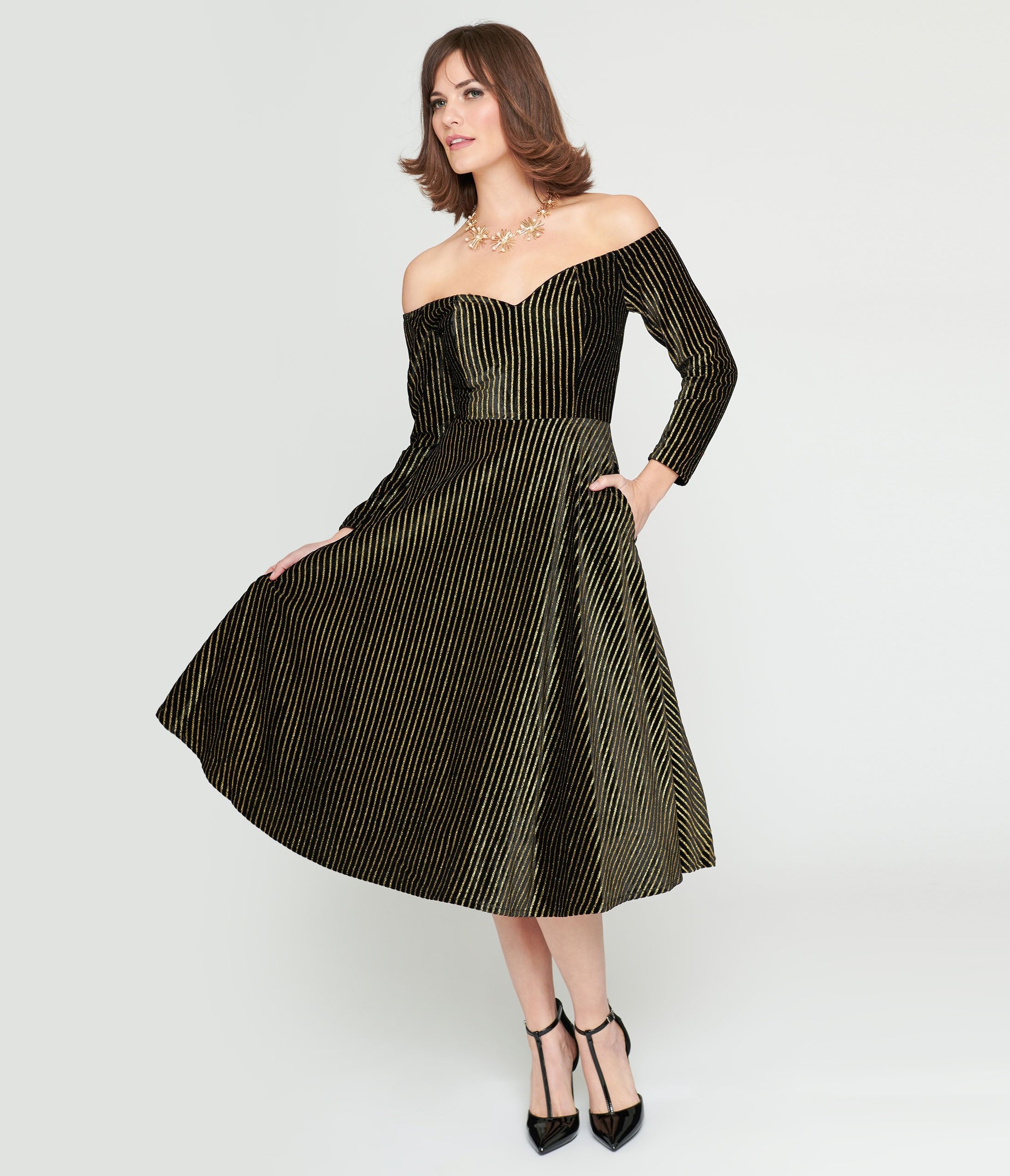 Collectif Black & Gold Glitter Striped Anjelica Swing Dress