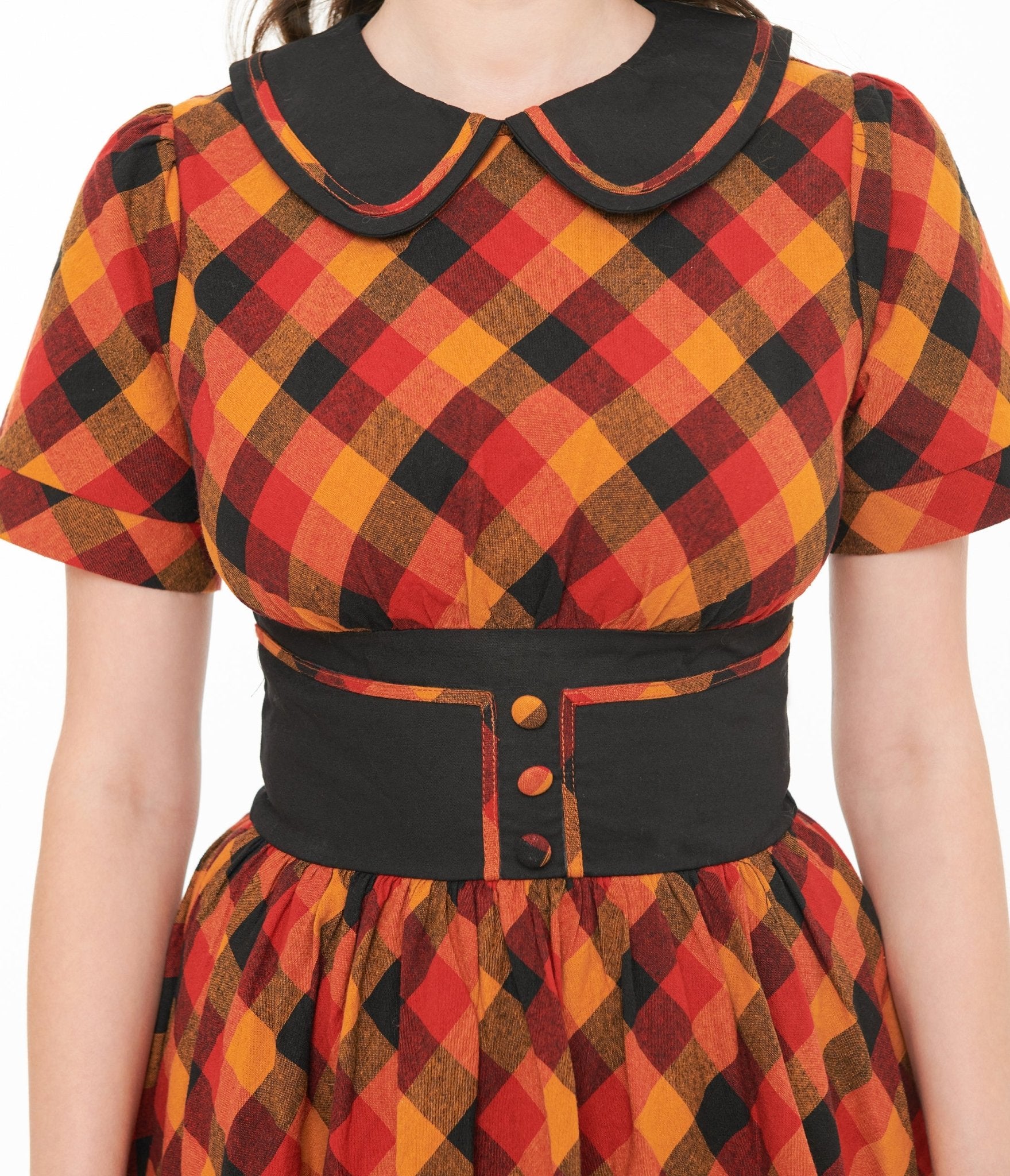 Unique Vintage 1950s Orange & Red Plaid Peter Pan Collar Swing Dress