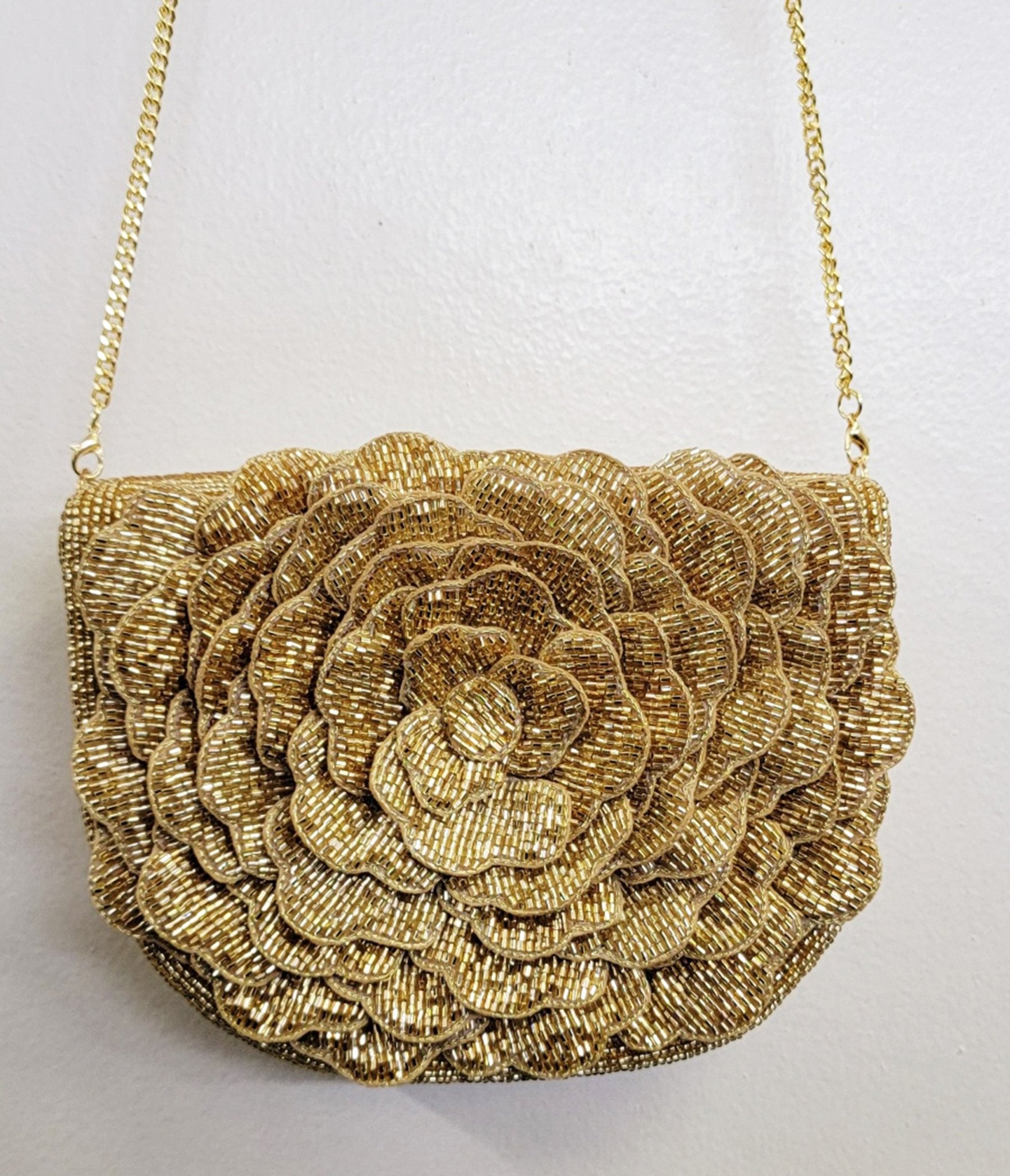 Gold Flower Beaded Crossbody Bag