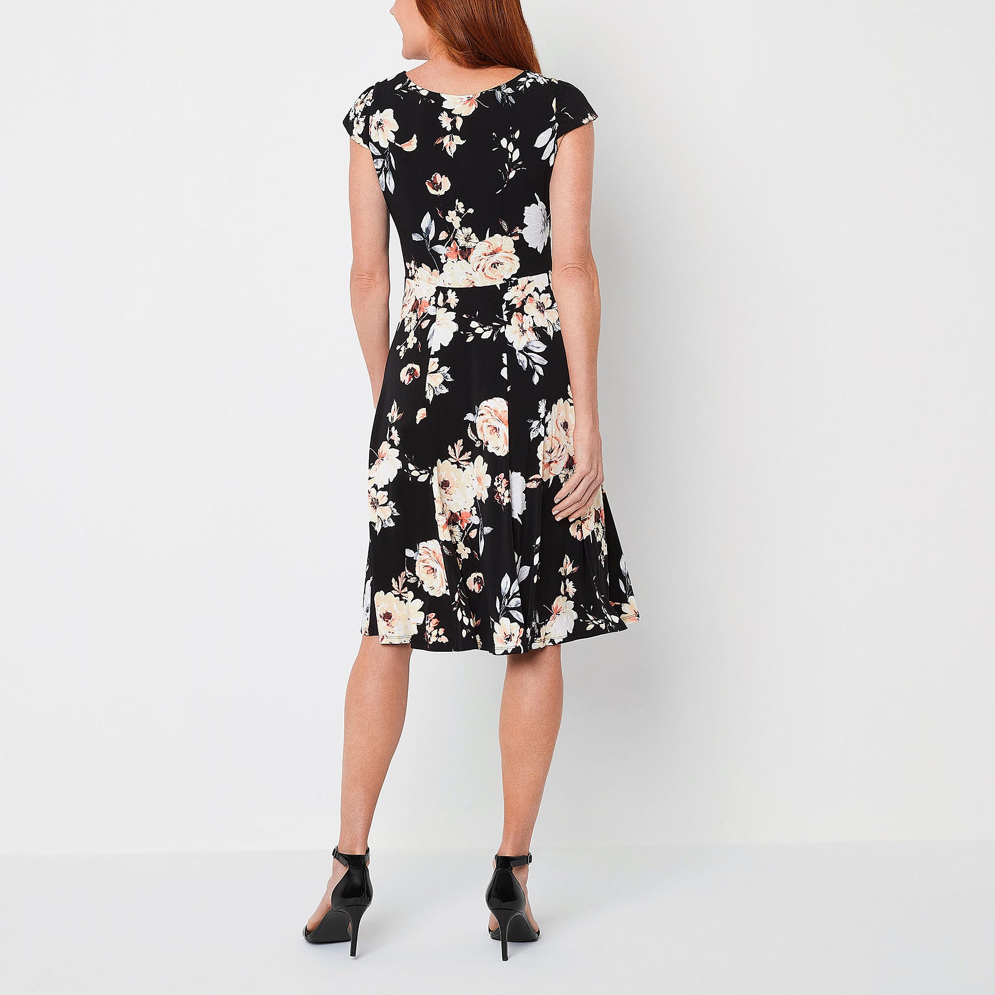 Studio 1 Short Sleeve Floral Fit + Flare Dress - BLACK CORAL X-LARGE