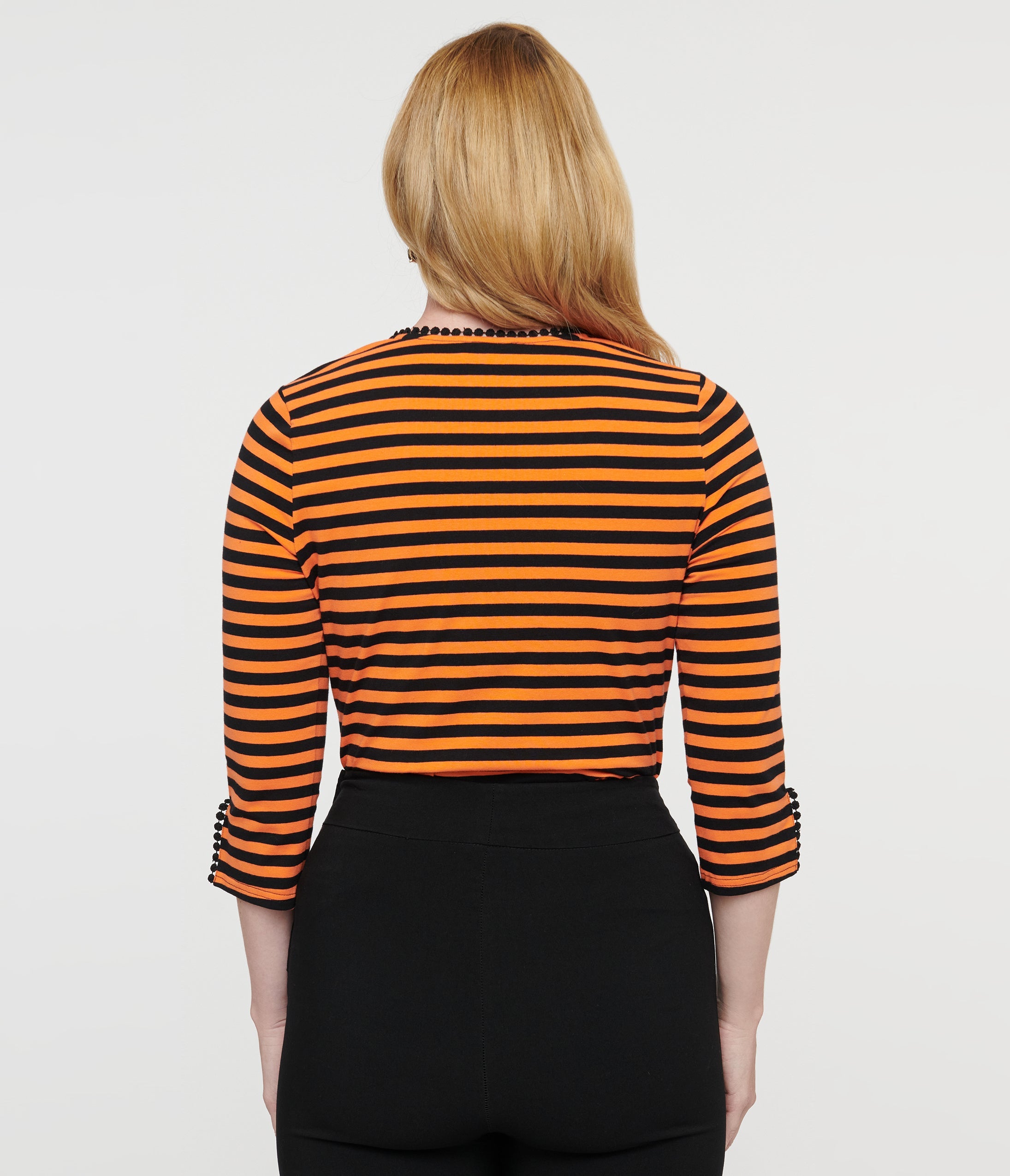 Unique Vintage 1950s Orange & Black Stripe Cutout Neck Tie Top