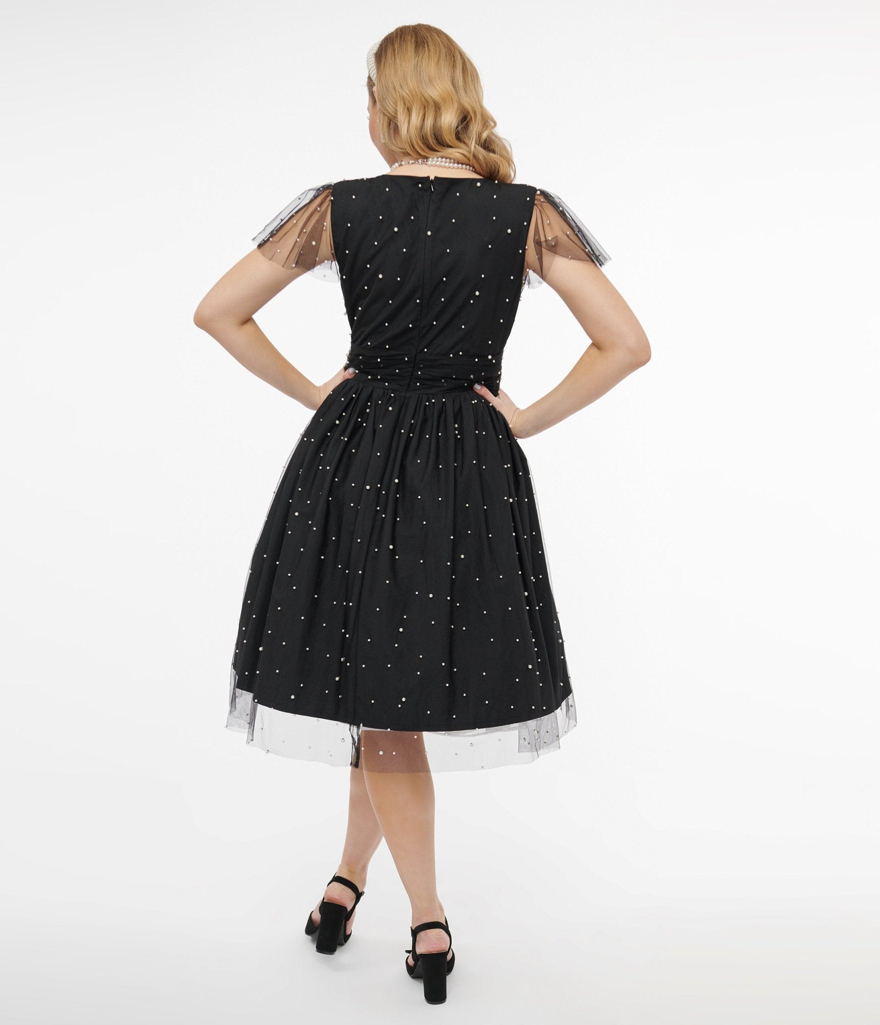 Magnolia Place 1950s Black Faux Pearl Swing Dress