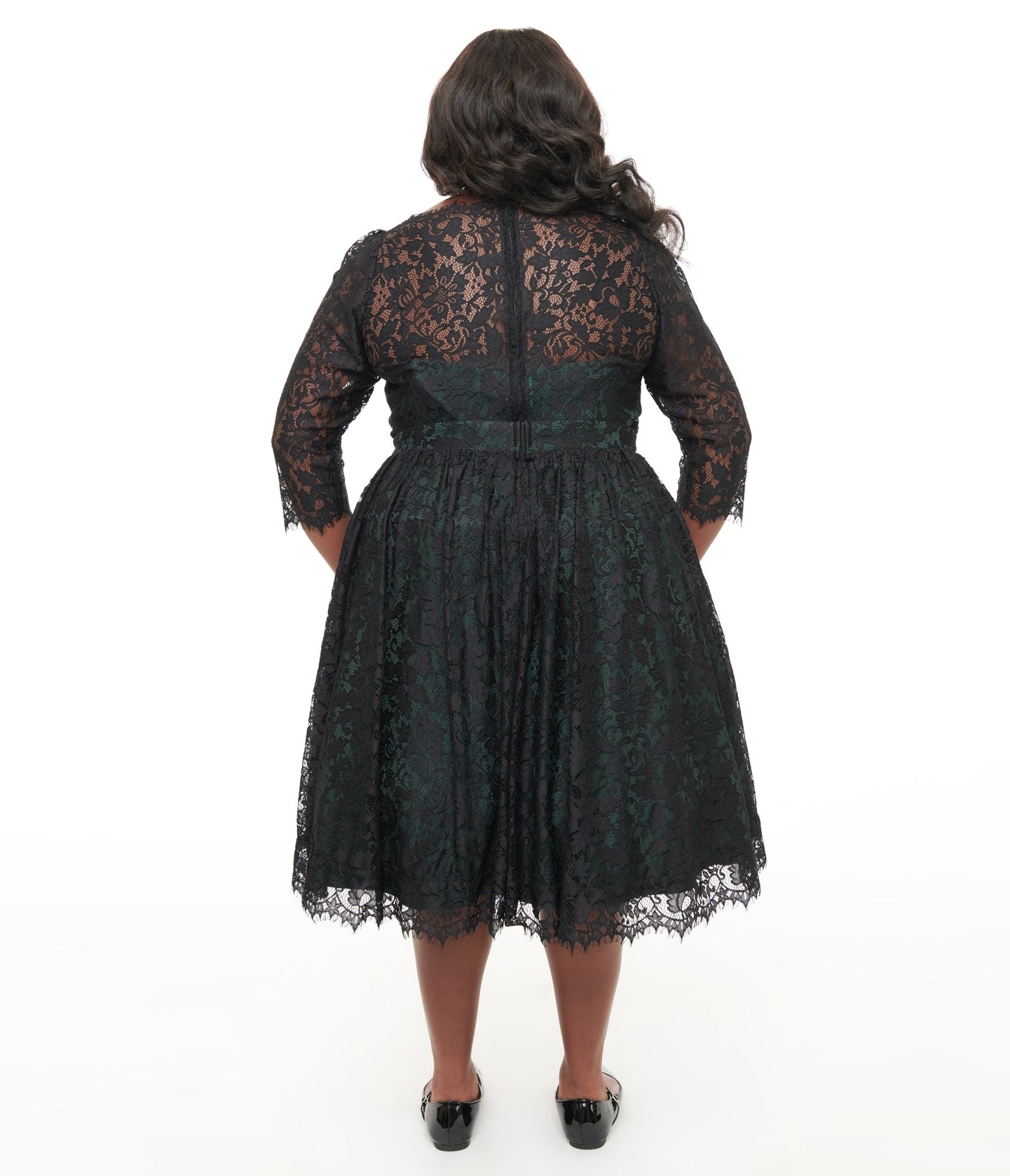 Unique Vintage Plus Size 1940s Black Lace Swing Dress