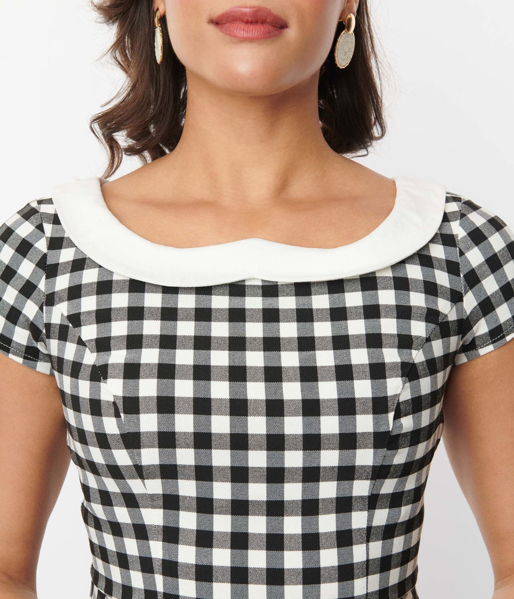 Unique Vintage Black & White Gingham Collar Peplum Top