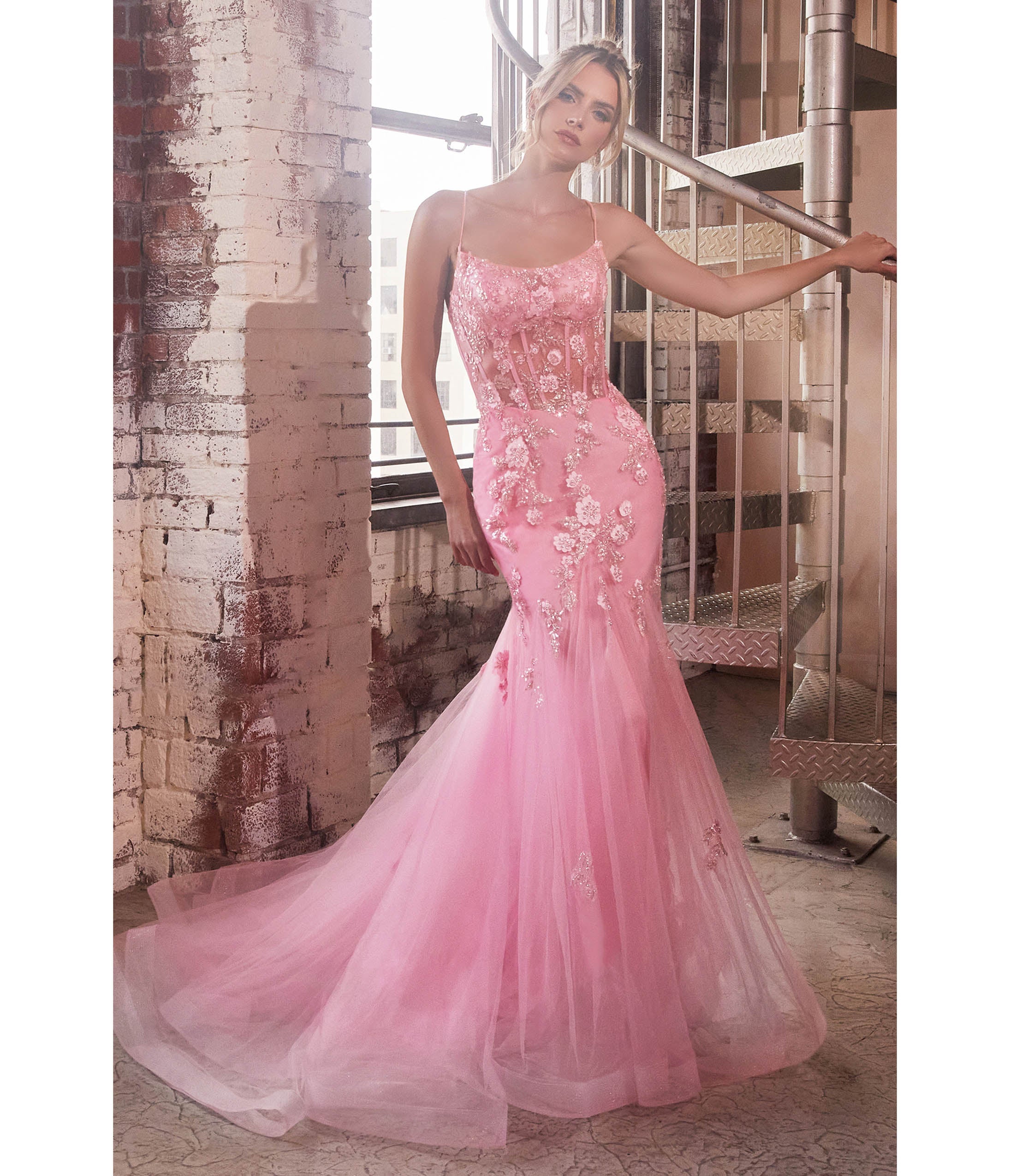 Ladivine by Cinderella Divine Pink Floral & Beaded Corset Mermaid Gown