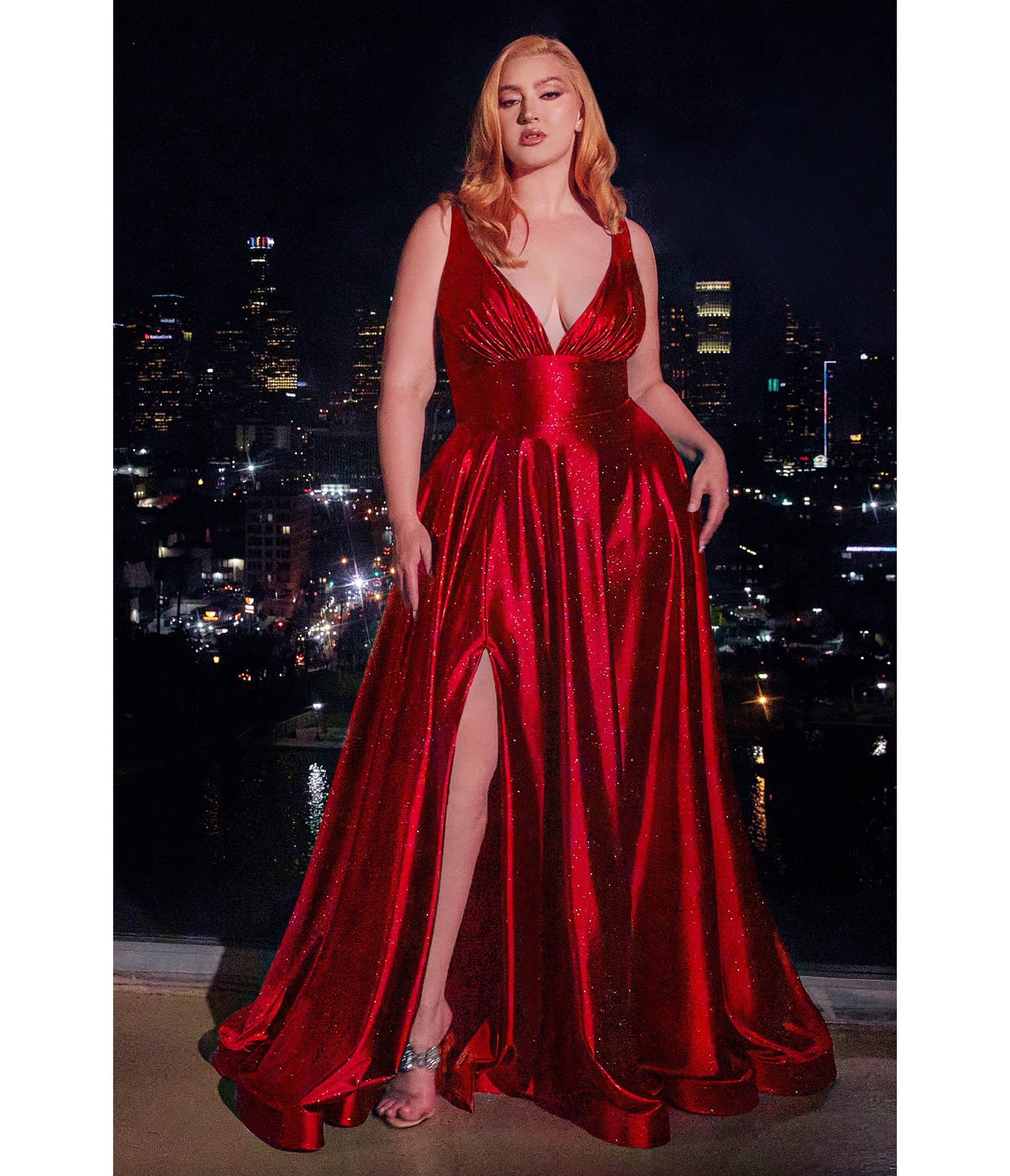 Ladivine by Cinderella Divine Plus Size Red Satin Prom Dress