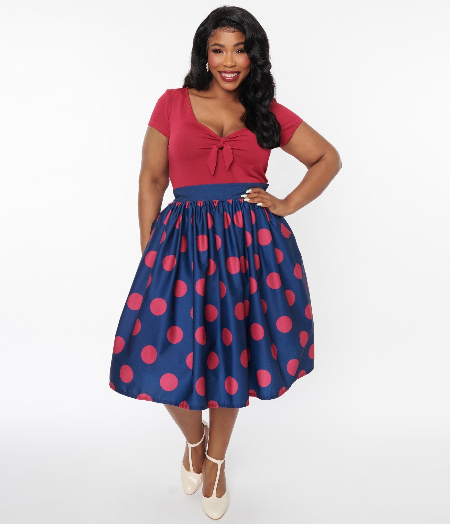 Unique Vintage Navy & Berry Polka Dot Gellar Swing Skirt