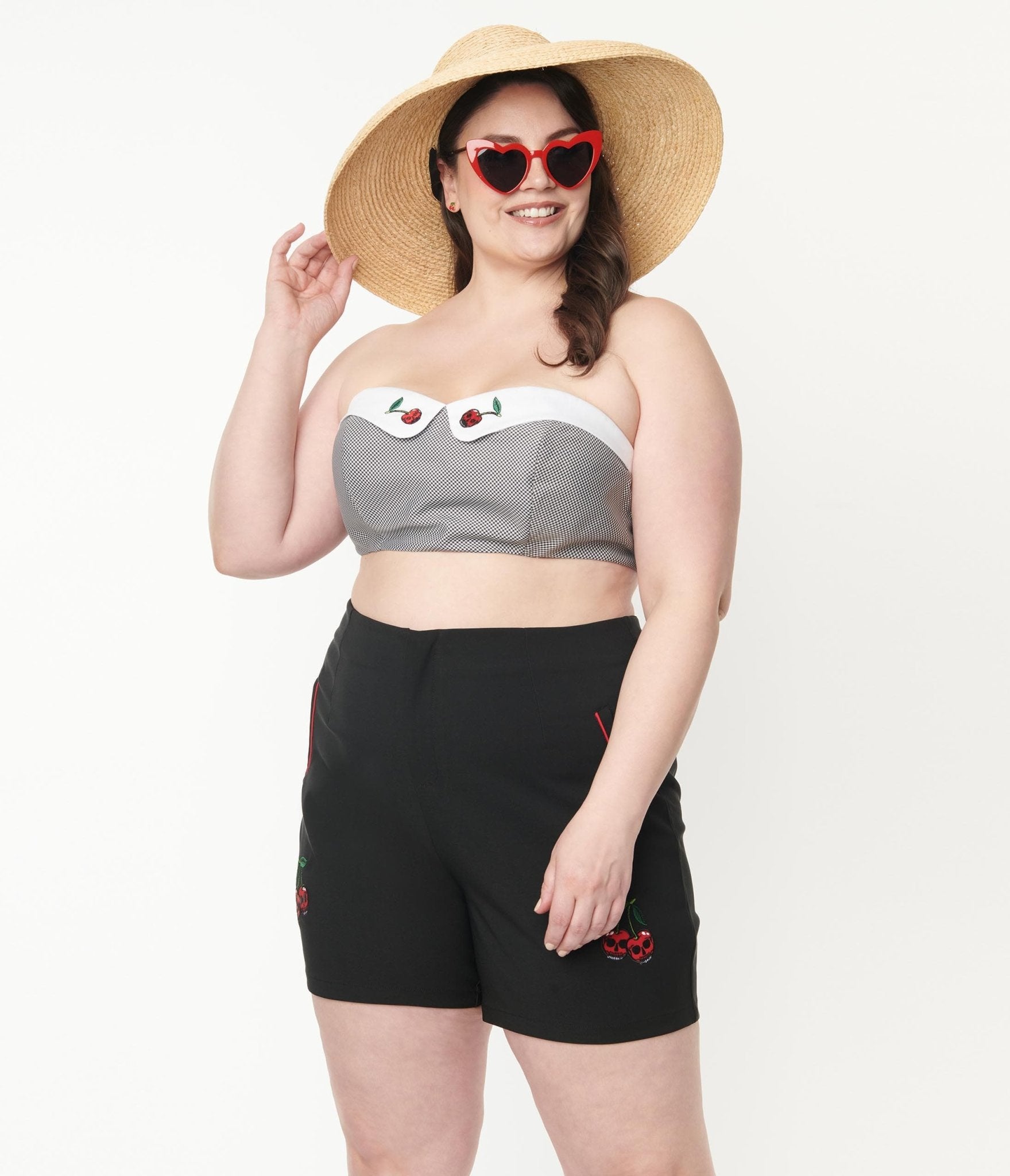 Plus Size Black Gingham & Cherry Skull Bandeau Crop Top