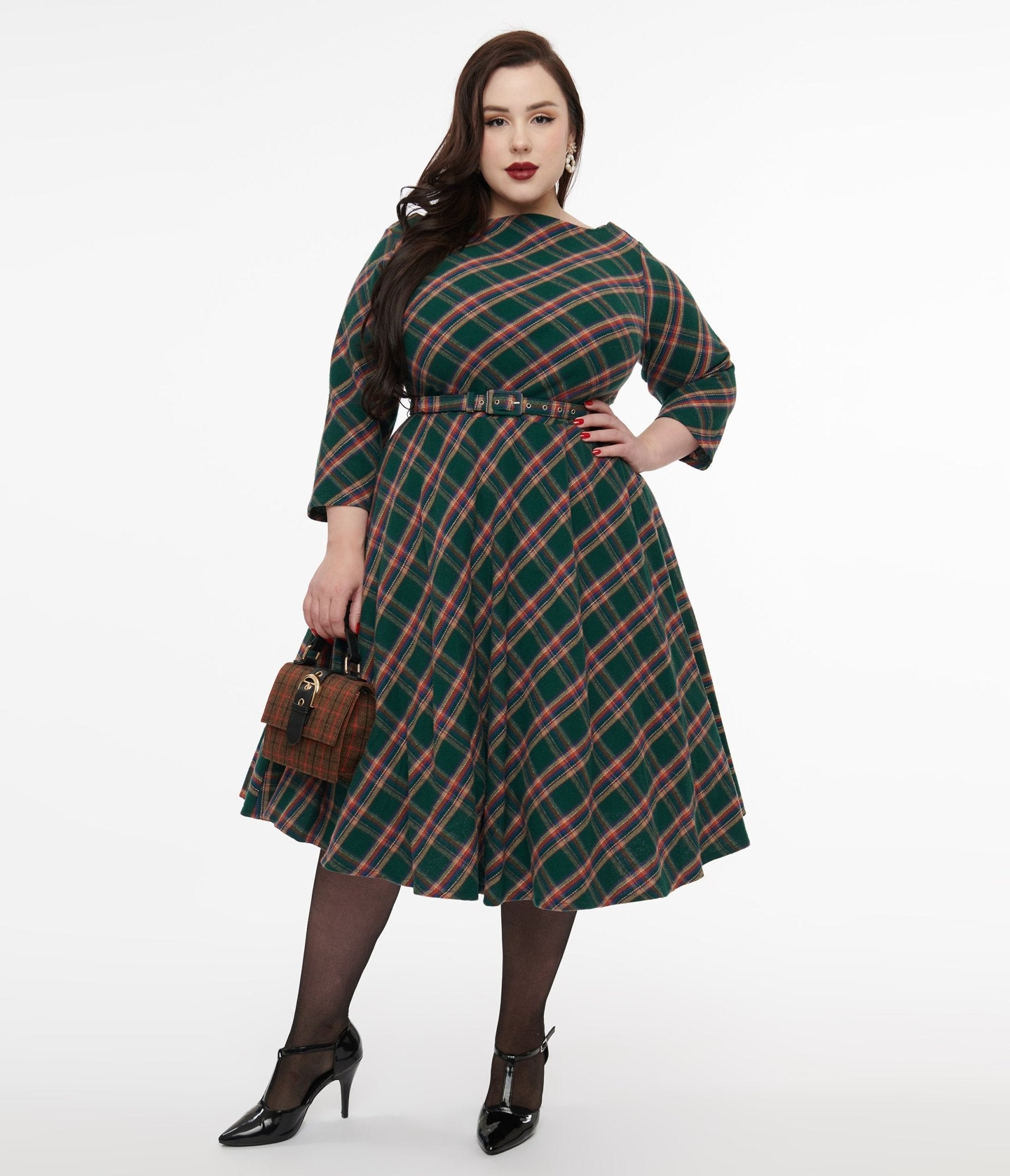 Unique Vintage Plus Size 1950s Green & Tan Plaid Devon Swing Dress