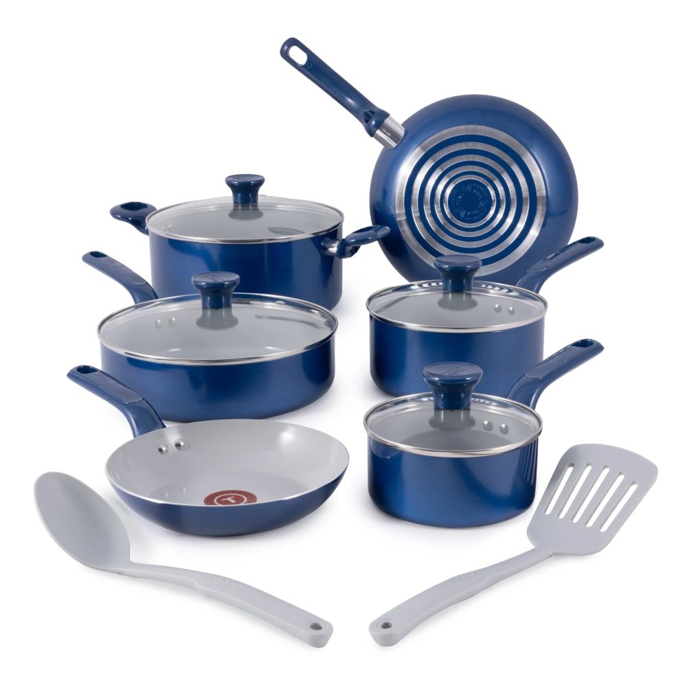 T-fal C483SC64 12 Piece Non Stick Ceramic Cookware Set, Blue