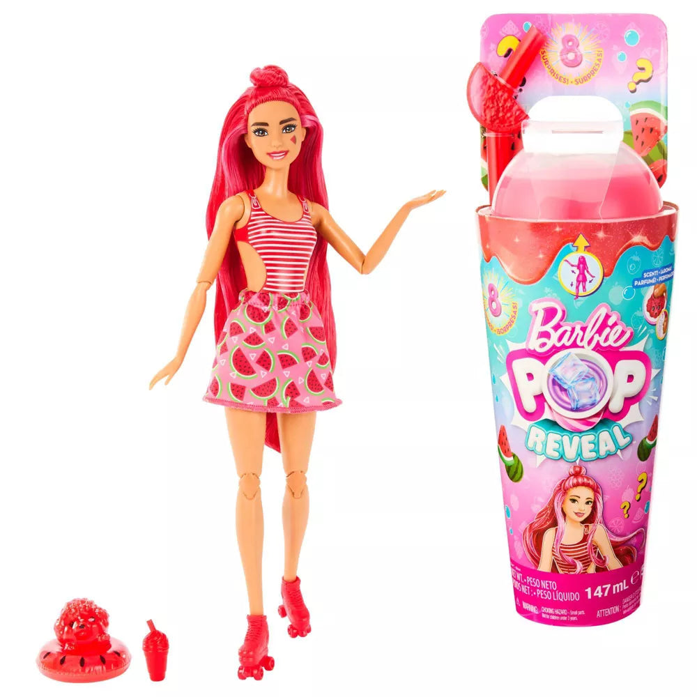 Mattel HNW43 Barbie Pop Reveal Fruit Series Watermelon Crush Doll, 8 Surprises Include Pet, Slime, Scent & Color Change