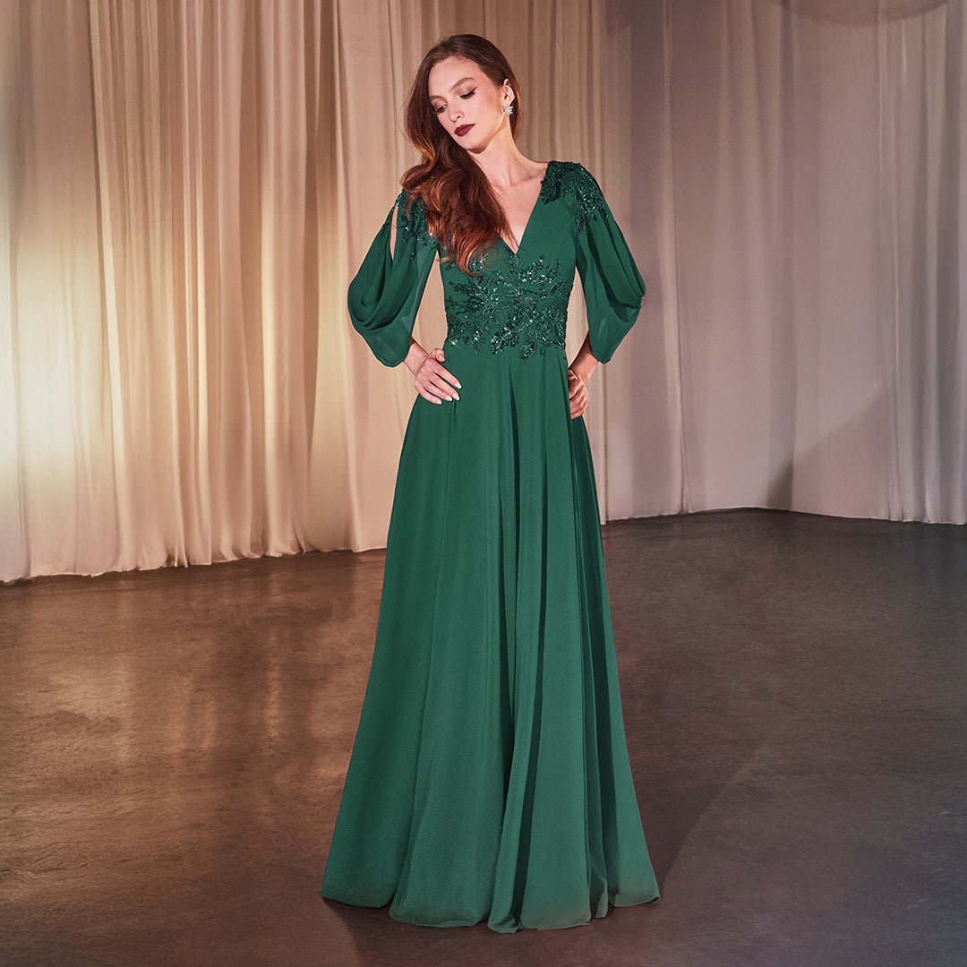 Ladivine by Cinderella Divine Emerald Chiffon Split Sleeve Prom Gown